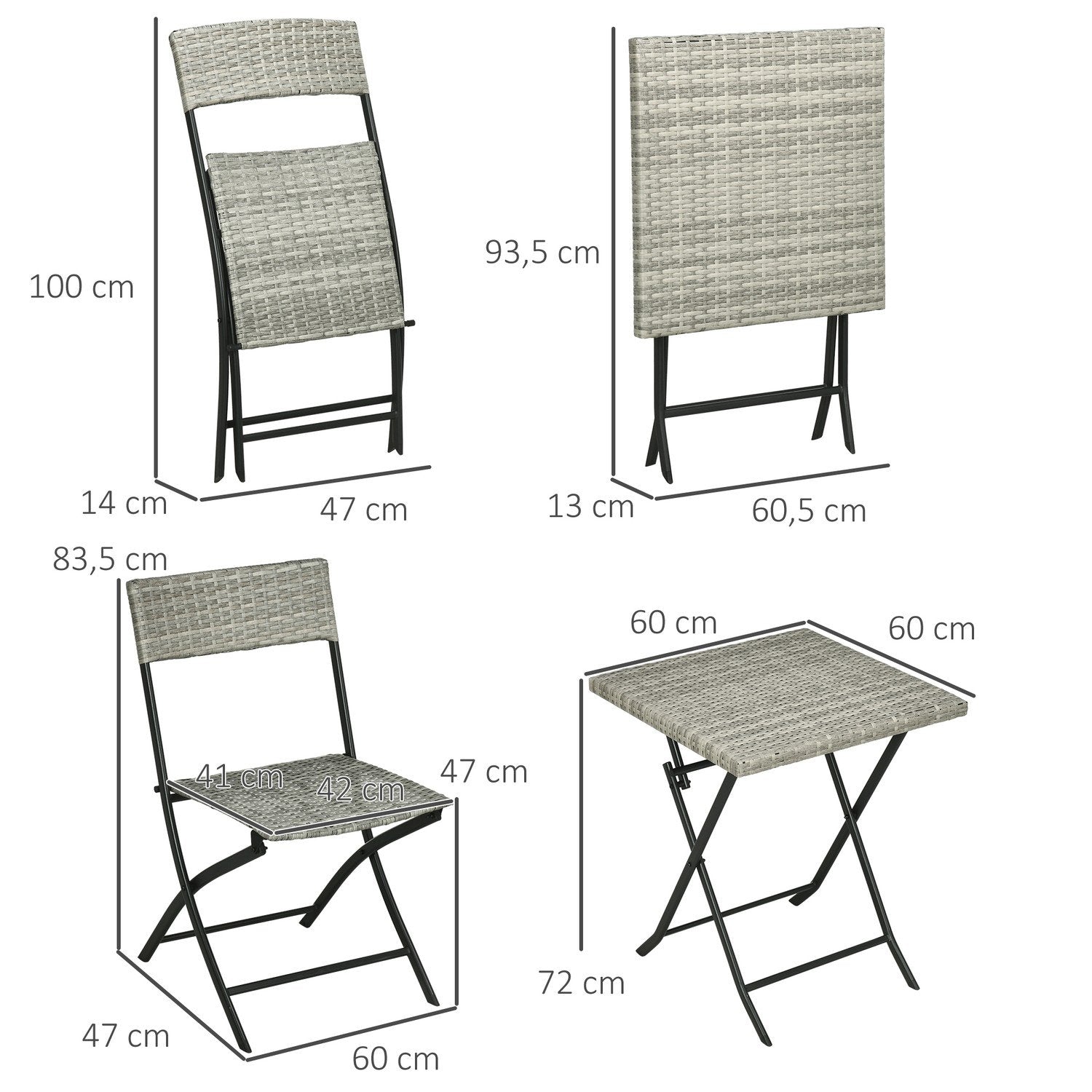 3 stk. Rotter altanmøbelsæt, bistrosæt med 2 klapstole, klapbord, havemøbelsæt, siddegruppe, siddegruppe, metal, lysegrå