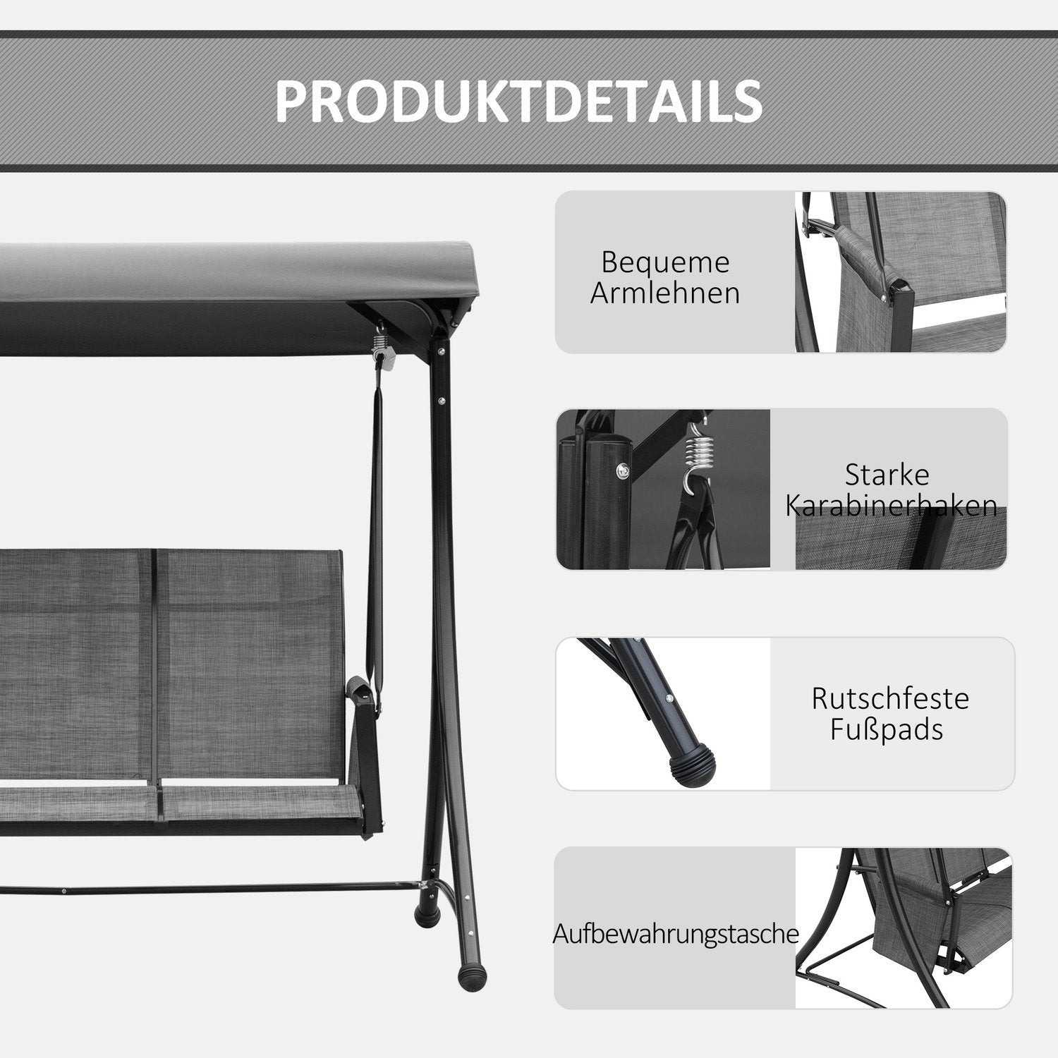 3-sæders verandagynge, havegynge med soltag, gyngebænk med hylde, aluminium, grå, 196 x 128 x 172 cm