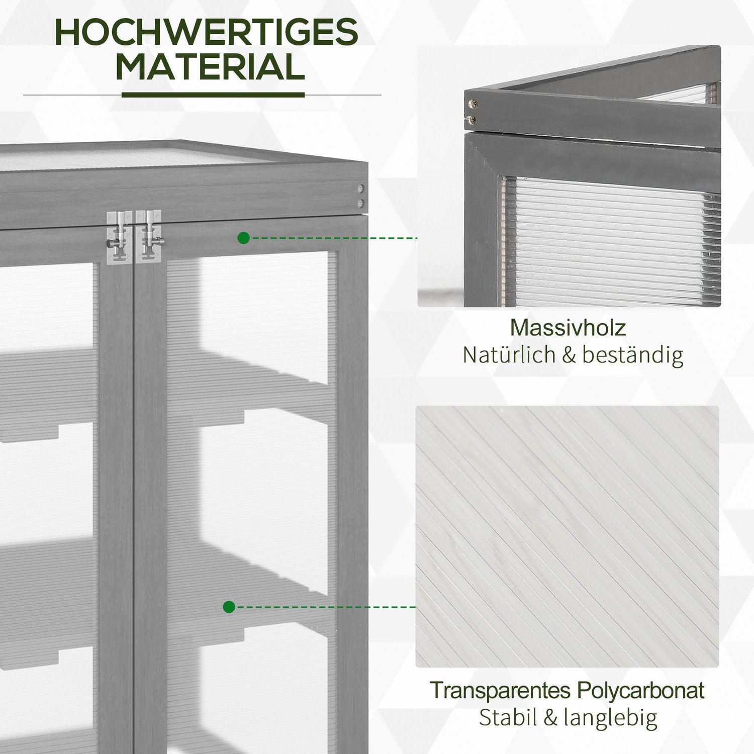 3-etagers drivhus kold ramme Drivhus kold ramme kasse med to døre lavet af træ og polycarbonat Vejrbestandig belastningskapacitet op til 15 kg (pr. hylde) Mørkegrå