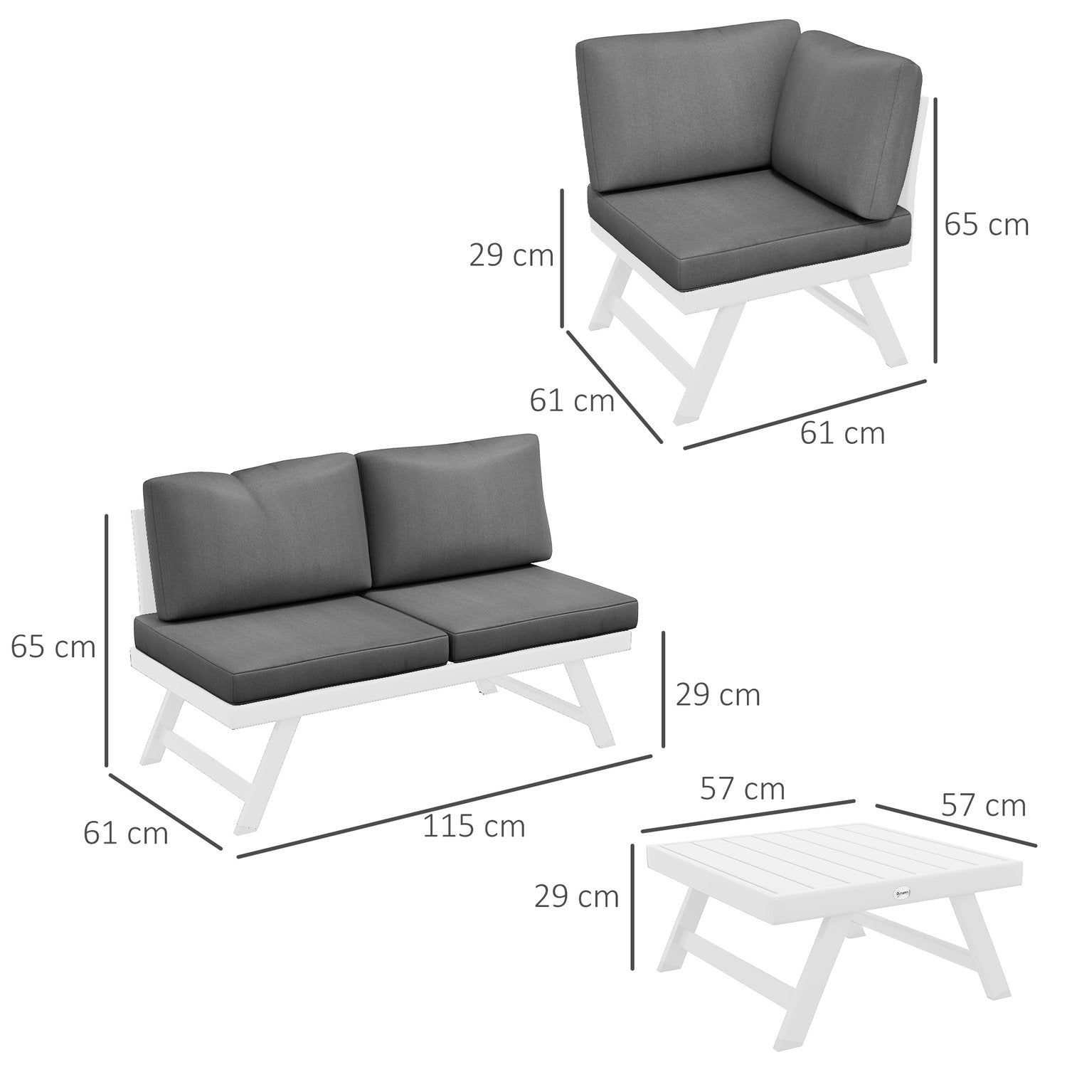 4 stk. Havemøbelsæt, altanmøbelsæt med hjørnesofa, dobbeltsofa, sofabord, haveloungesæt med sædehynde, grå