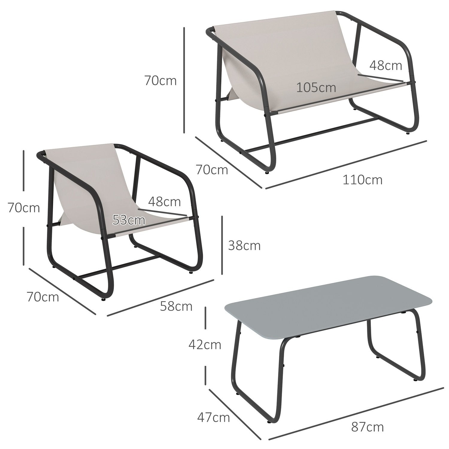 4 stk. Havemøbelsæt, siddegruppe med 2 lænestole, 1 2 pers., 1 sofabord i hærdet glas, havemøbler til altan, terrasse, mesh, creme