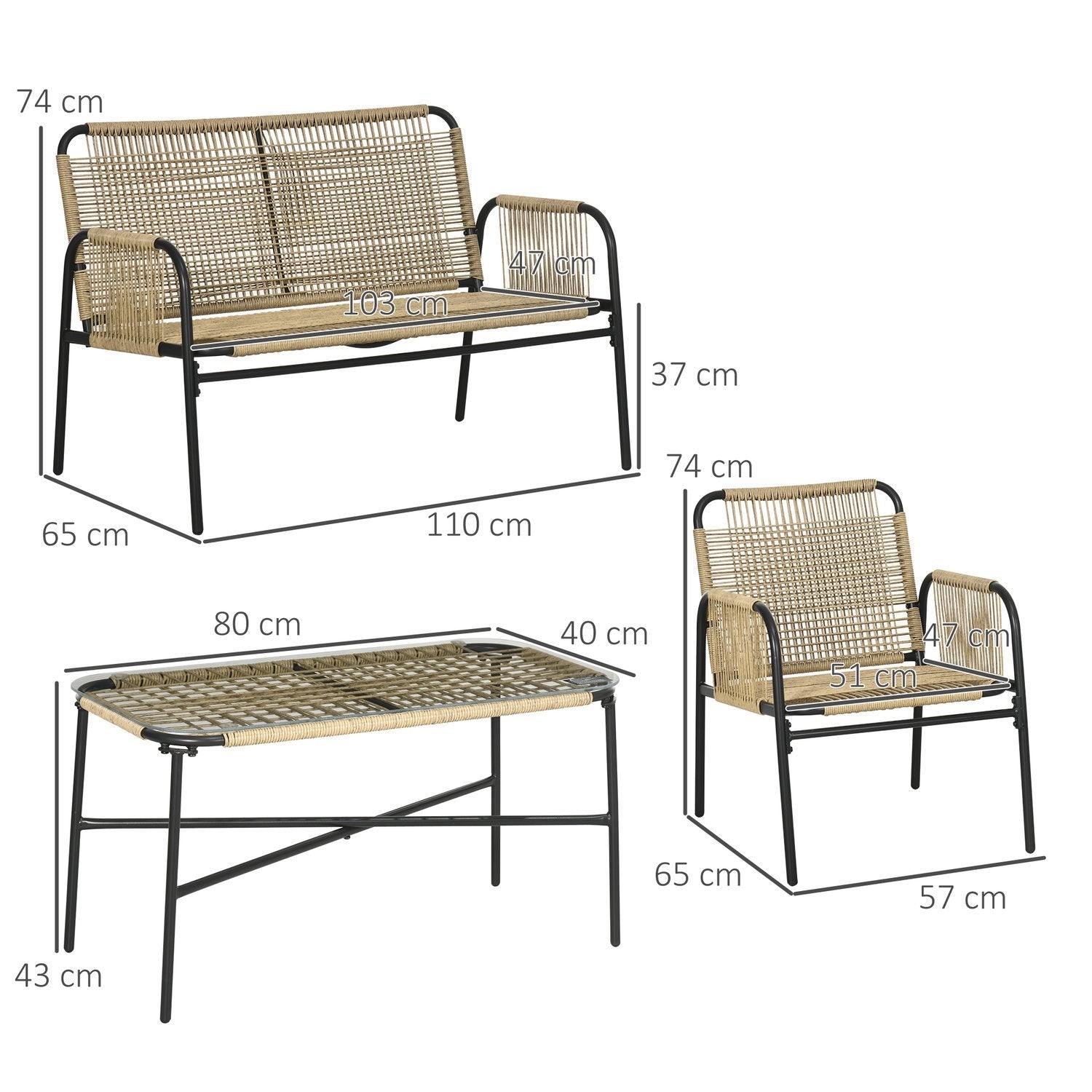 4-delt havemøbler i polyrattan, siddegruppe med 1 to-personers, 2 lænestole, 1 sofabord med glasplade, havemøbler med sædehynder, til haven, terrasse, gul