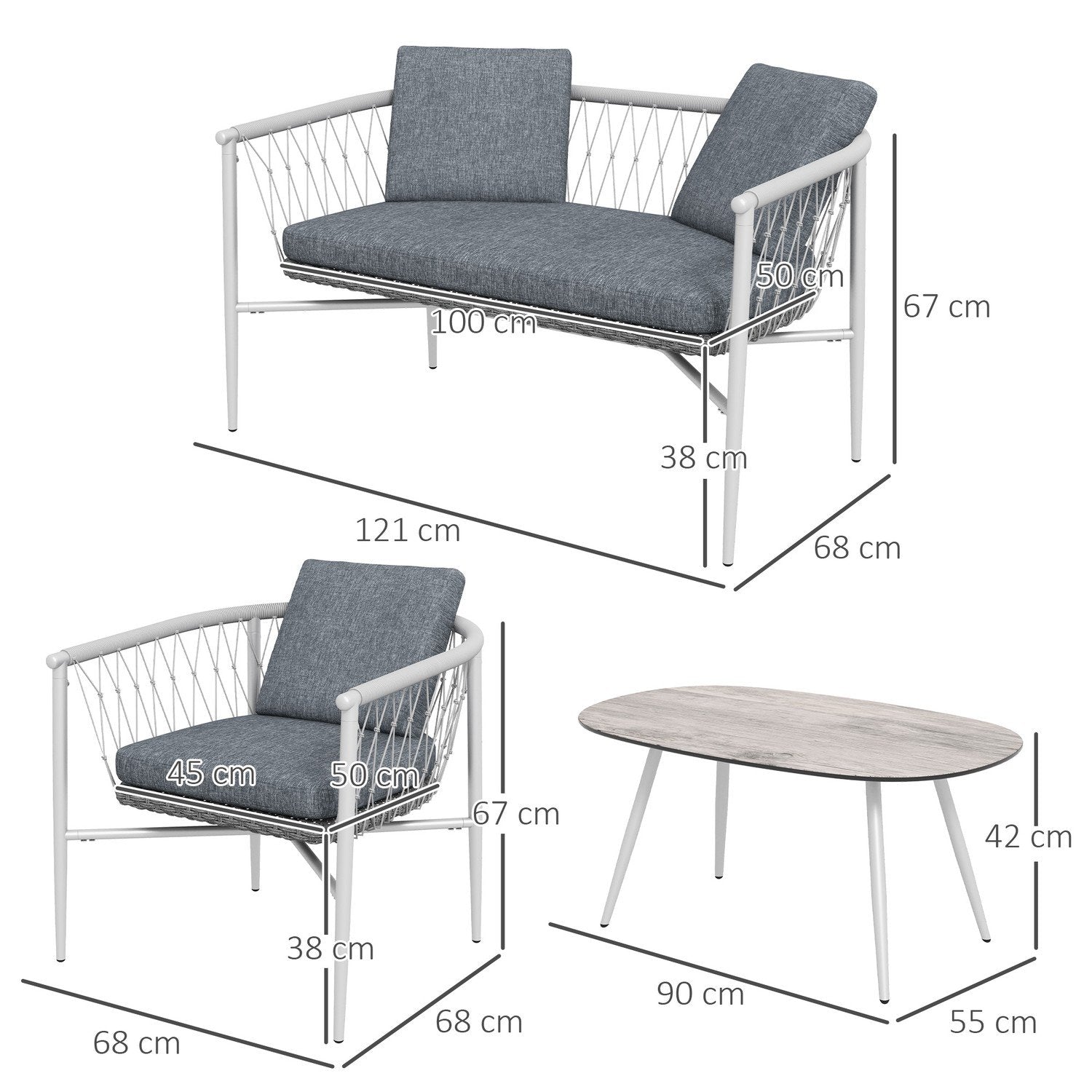 4-delt havemøbler i rattan, siddegruppe med gyngefunktion, havesæt med 1 sofabord, 2 lænestole, 1 dobbeltsofa, hynder, stål, grå