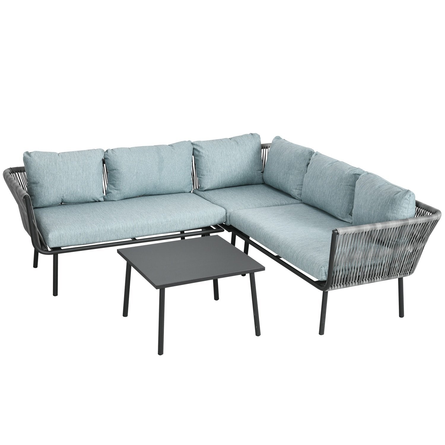 4-delt havemøbler i rattan, siddeområde med hynder, siddeområde med 2 dobbeltsofaer, 1 hjørnesofa, 1 sofabord, havesæt til altan, terrasse, aluminium + polyester, grå