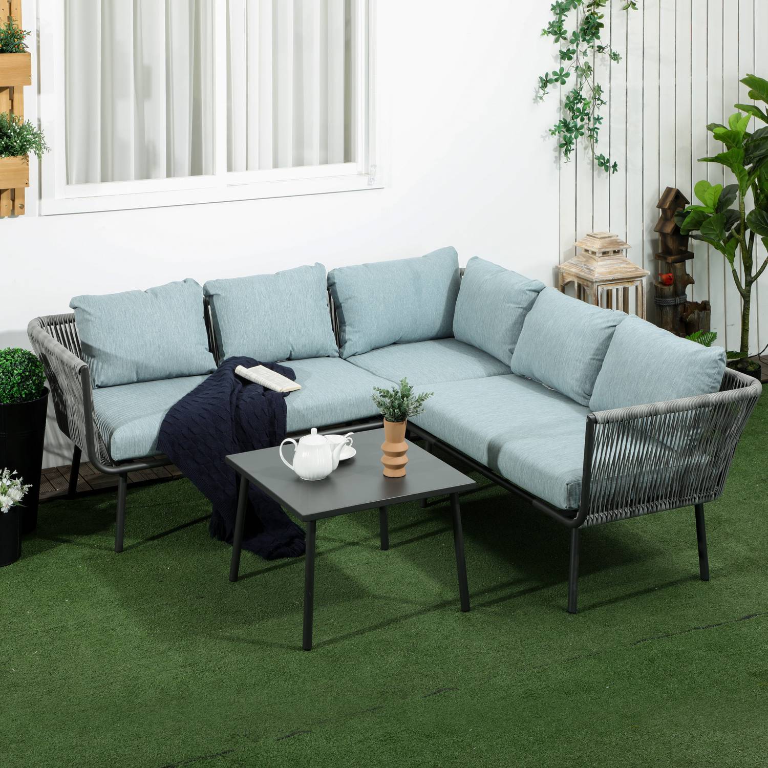 4-delt havemøbler i rattan, siddeområde med hynder, siddeområde med 2 dobbeltsofaer, 1 hjørnesofa, 1 sofabord, havesæt til altan, terrasse, aluminium + polyester, grå