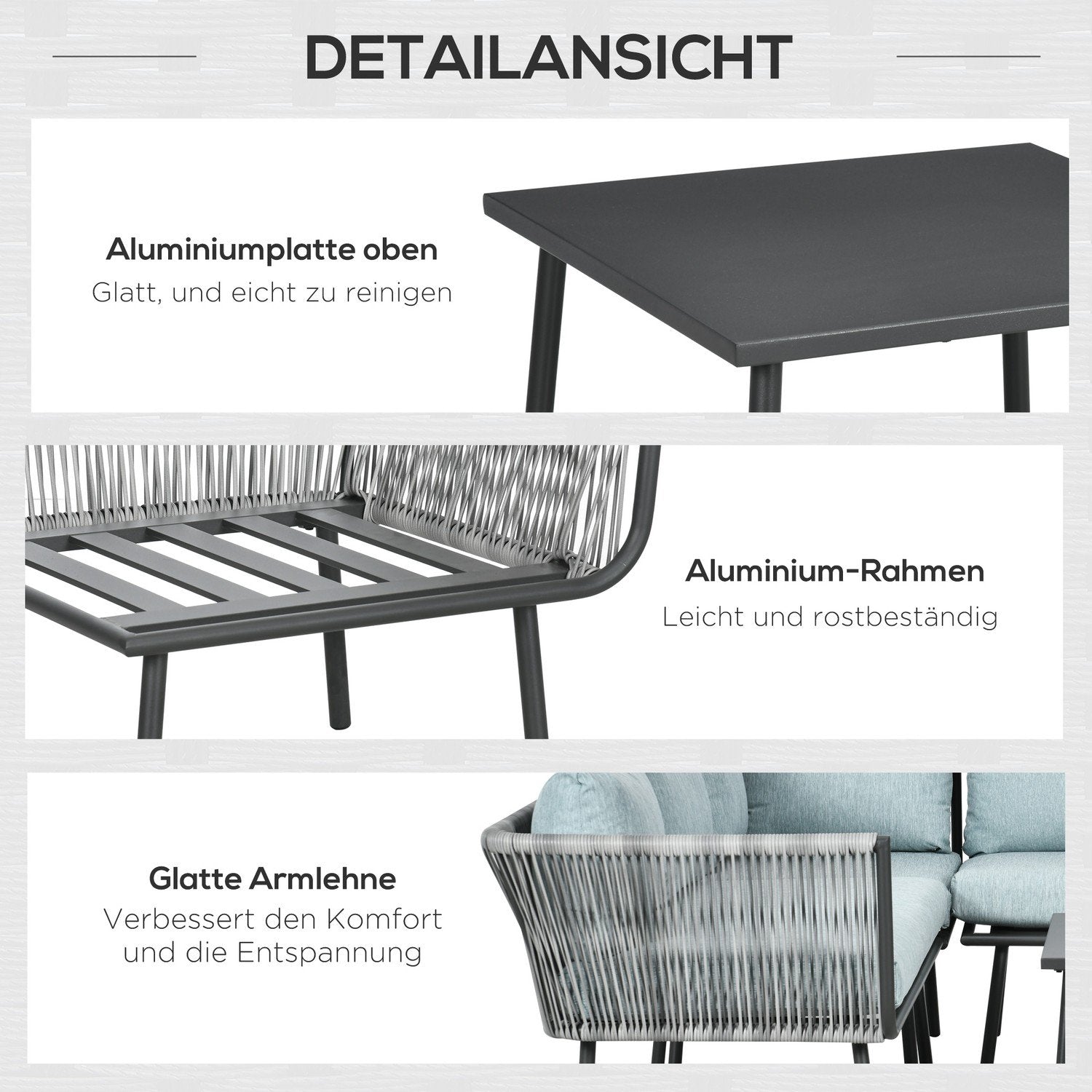 4-delt havemøbler i rattan, siddeområde med hynder, siddeområde med 2 dobbeltsofaer, 1 hjørnesofa, 1 sofabord, havesæt til altan, terrasse, aluminium + polyester, grå