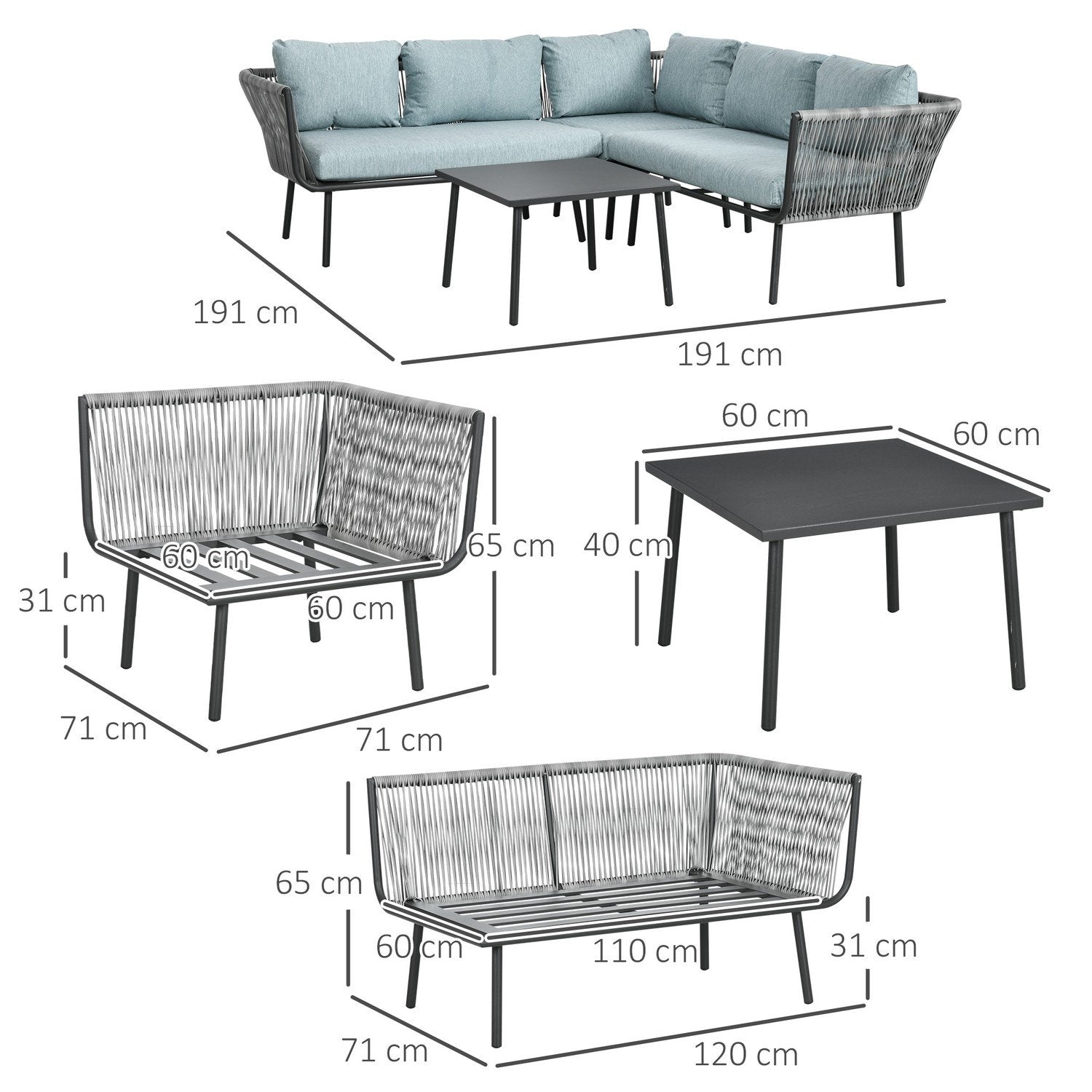 4-delt havemøbler i rattan, siddeområde med hynder, siddeområde med 2 dobbeltsofaer, 1 hjørnesofa, 1 sofabord, havesæt til altan, terrasse, aluminium + polyester, grå