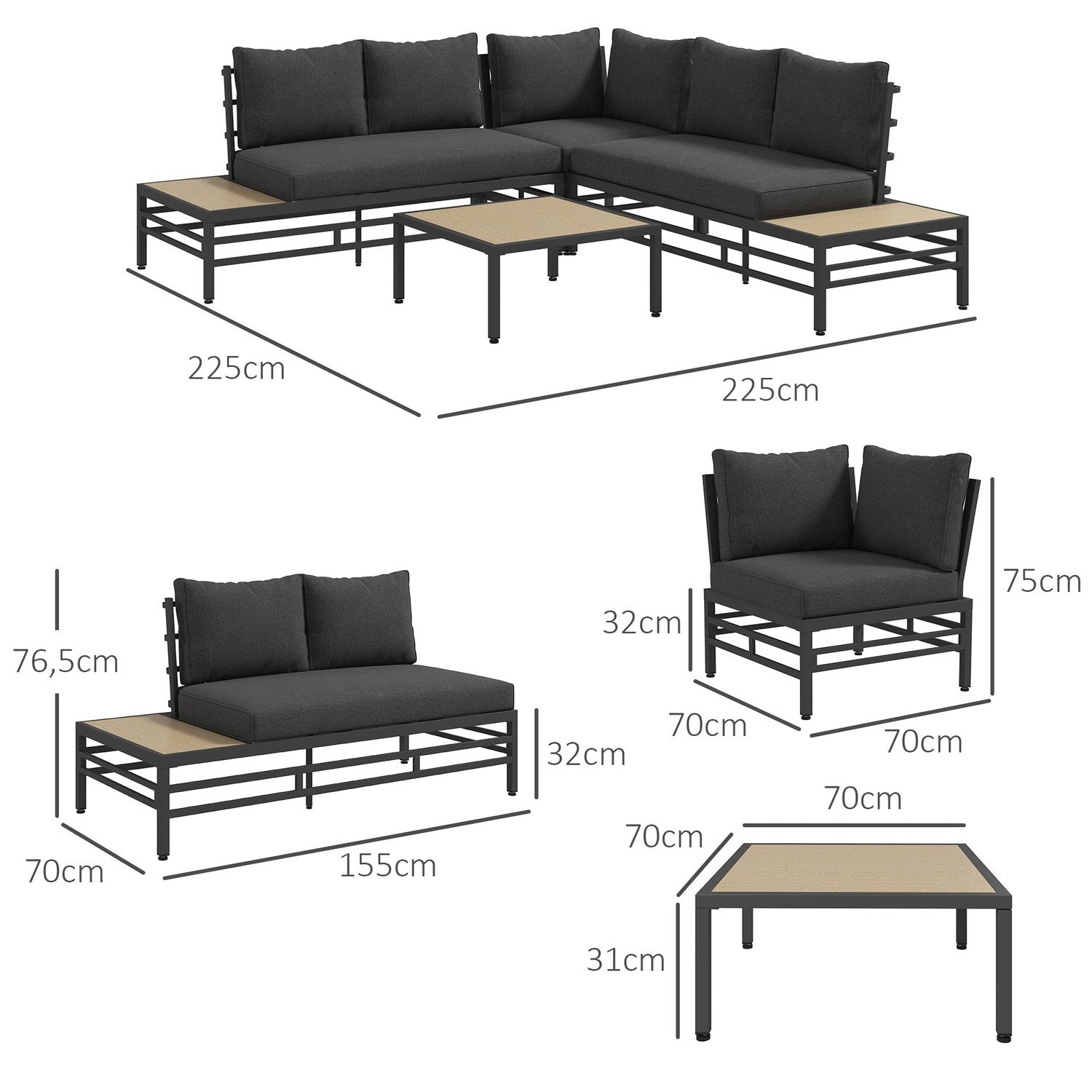 5 stk. Haveloungesæt, Havemøbelsæt, Havesæt med 2 to-personers, Sofabord, Hjørnesofa, Med sædehynde, Til terrasse, Balkon, Grå