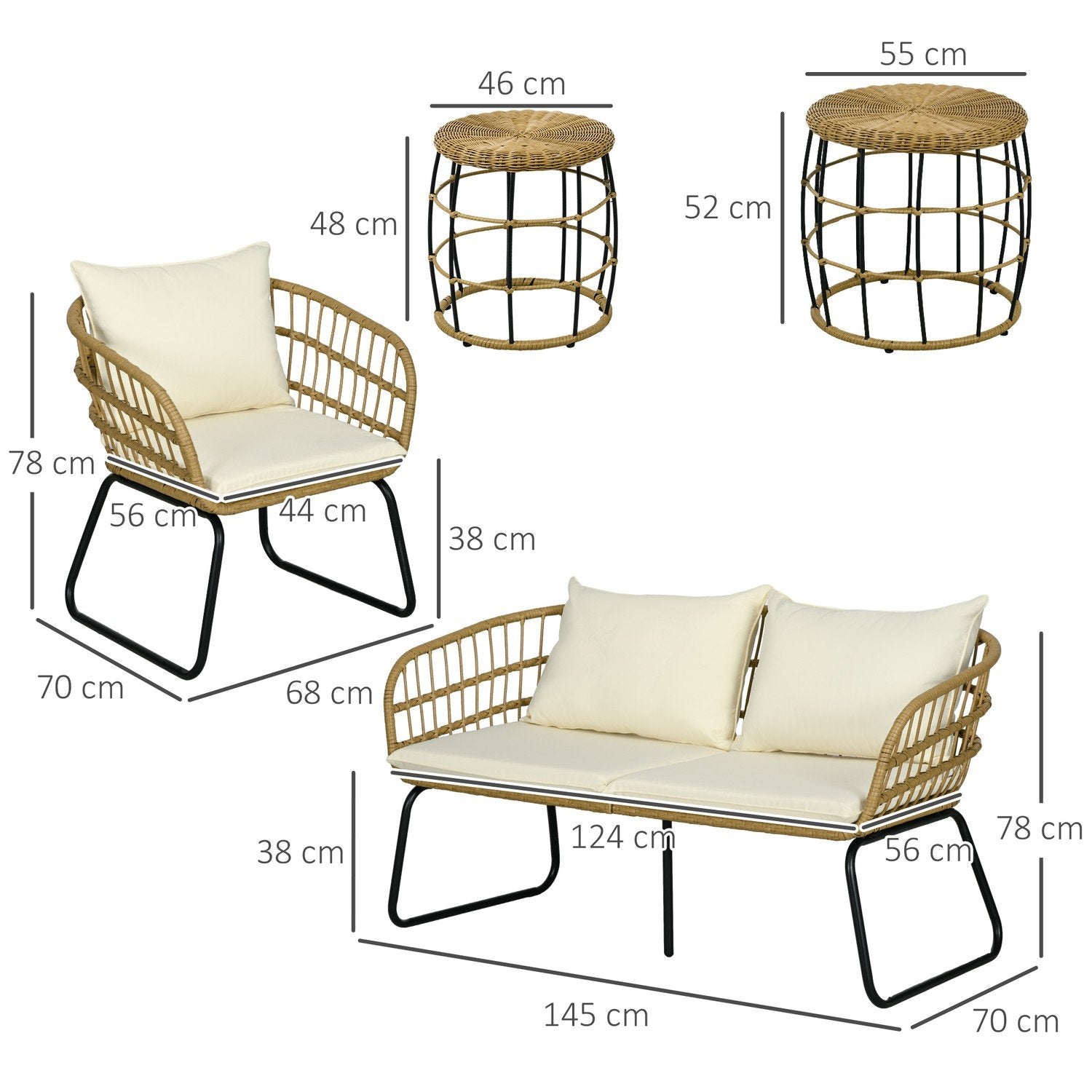 5-delt havemøbler i rattan, siddeområde med hynder, havesæt med 2 sofaborde, 2 lænestole, 1 dobbeltsofa, siddeområde, stål, beige