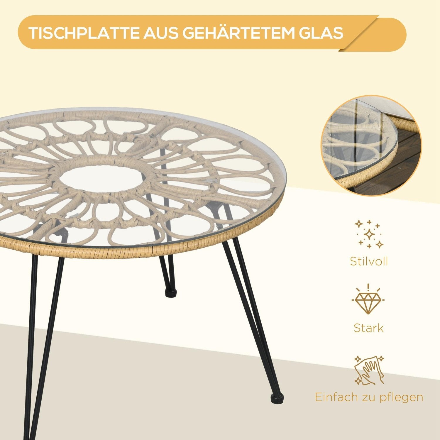 5-delt havemøbelsæt i rattan, siddesæt med 1 spisebord, 4 stole, siddeplads, havesæt til altan, terrasse, polyester, beige