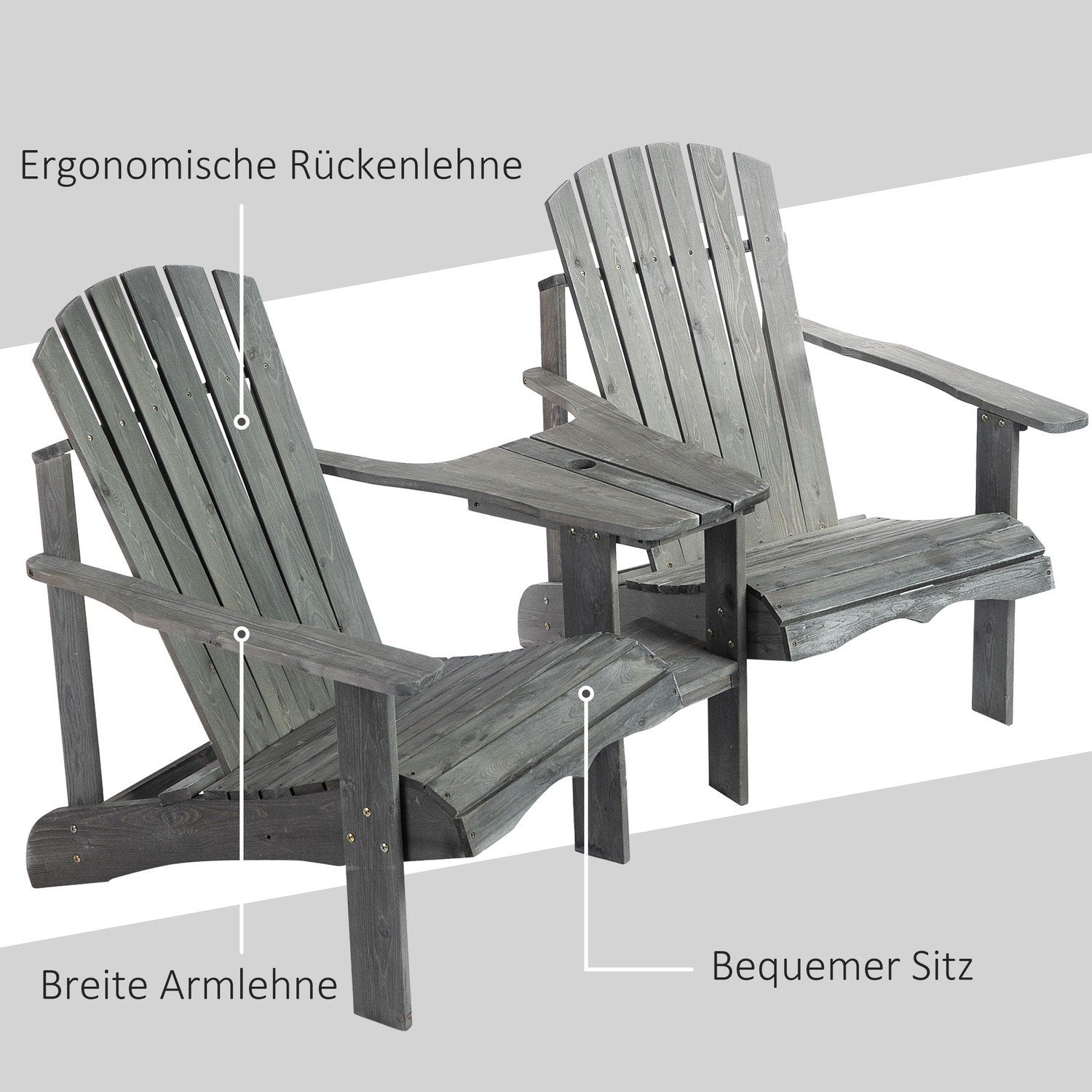 Adirondack Havestol Med Bord Og Paraplyhul 2-Pers Havestol Siddegruppe Havemøbler Til Altan Massivt Træ Grå 178 X 87 X 92 Cm