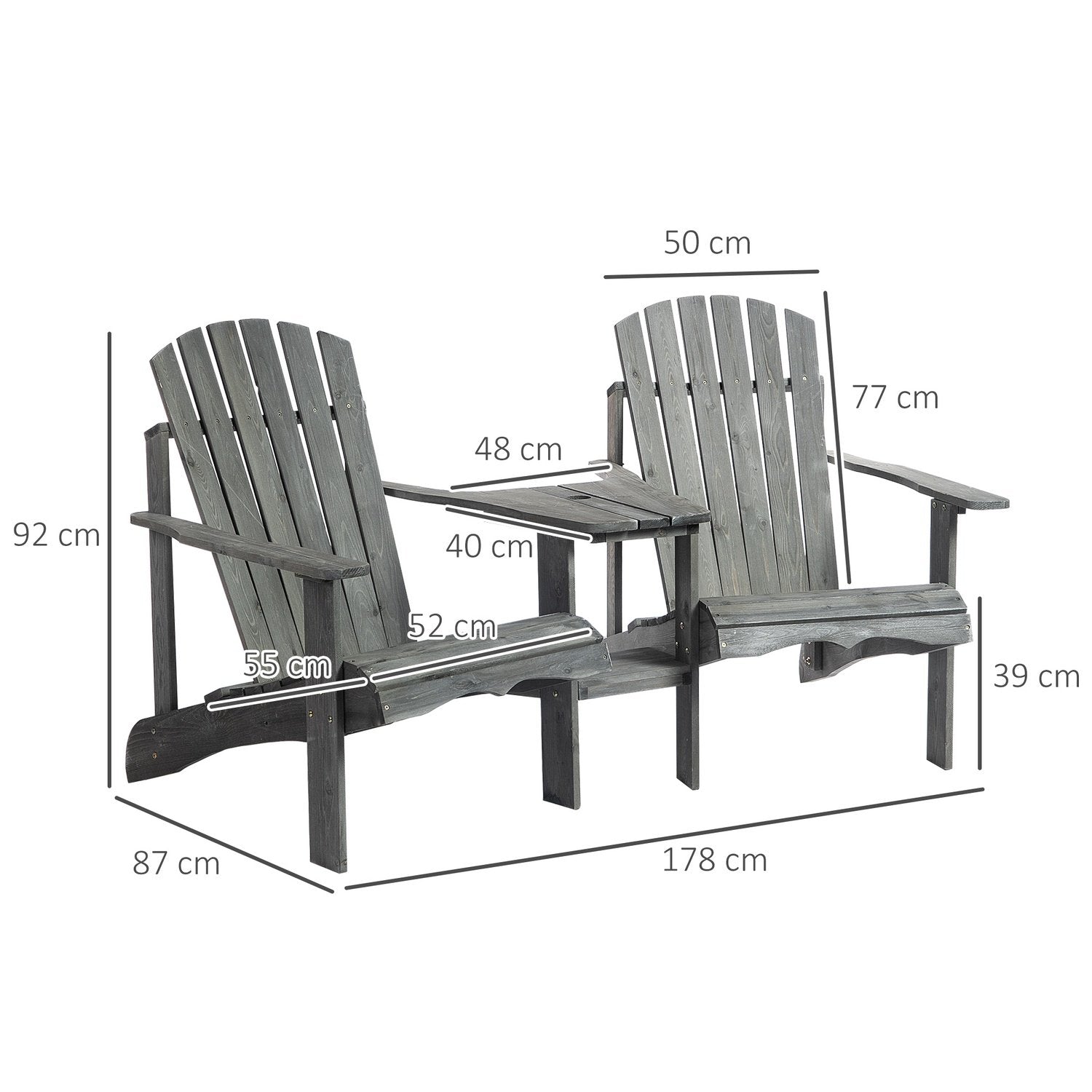 Adirondack Havestol Med Bord Og Paraplyhul 2-Pers Havestol Siddegruppe Havemøbler Til Altan Massivt Træ Grå 178 X 87 X 92 Cm