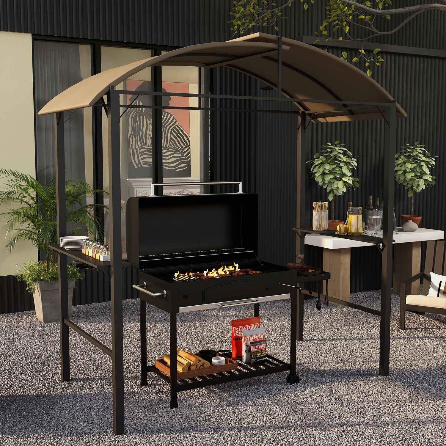 Grillpavillon 1,1 X 2,3 M Vejrbestandig havepavillon med polyestertag, sidehylder, til grill op til 100 cm, stål, kaki