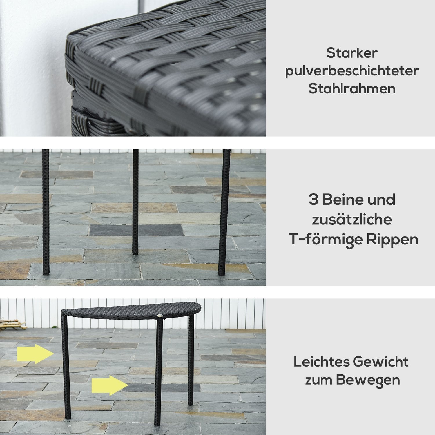 Balkonbord Halvrundt havesidebord lavet af polyrattan og metal, sort, 100 X 50 X 74 Cm