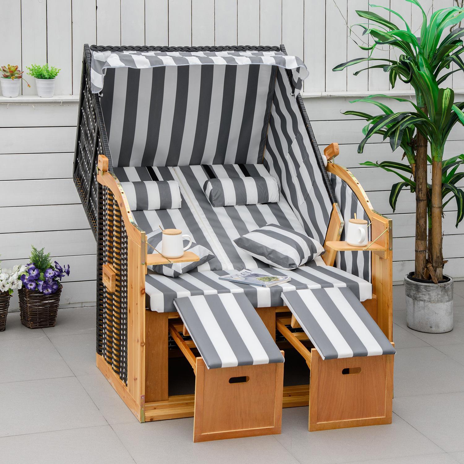 Strandstol Dobbeltdæksstol Tagkopholder 5-lags ryglæn Pe Rattan Grå + Hvid 118X79X160Cm