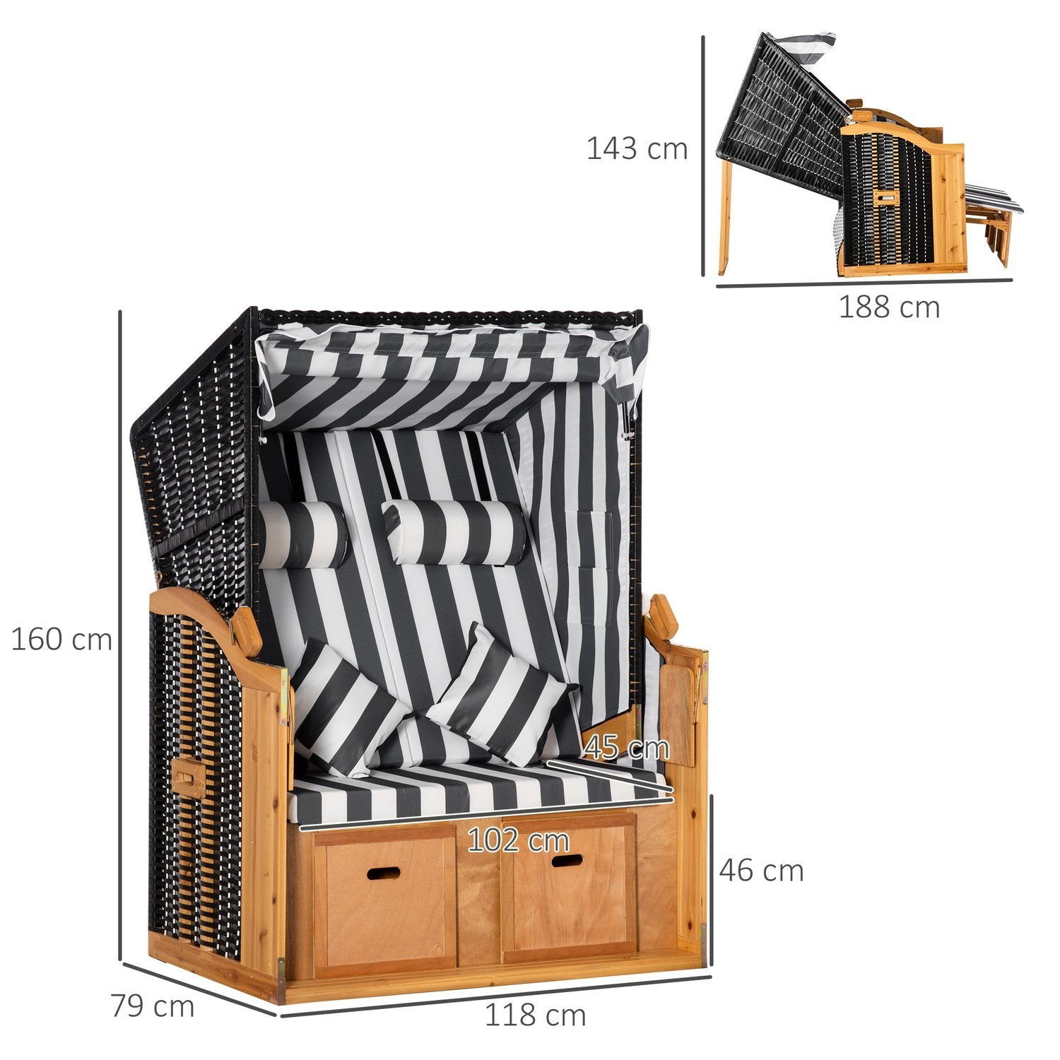 Strandstol Dobbeltdæksstol Tagkopholder 5-lags ryglæn Pe Rattan Grå + Hvid 118X79X160Cm