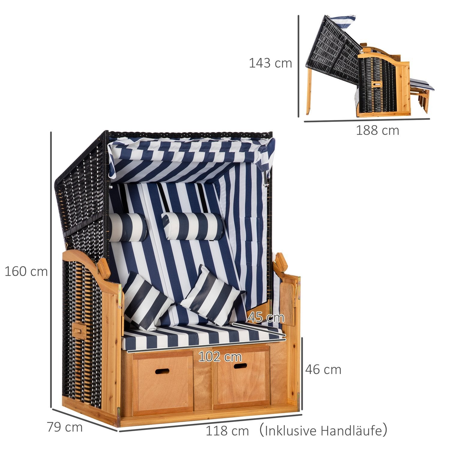 Strandstol Dobbelt solseng med tag Dobbelt solseng med kopholder Chaiselong 5-lags ryglæn Pe-Rattan 118 X 79 X 160 Cm