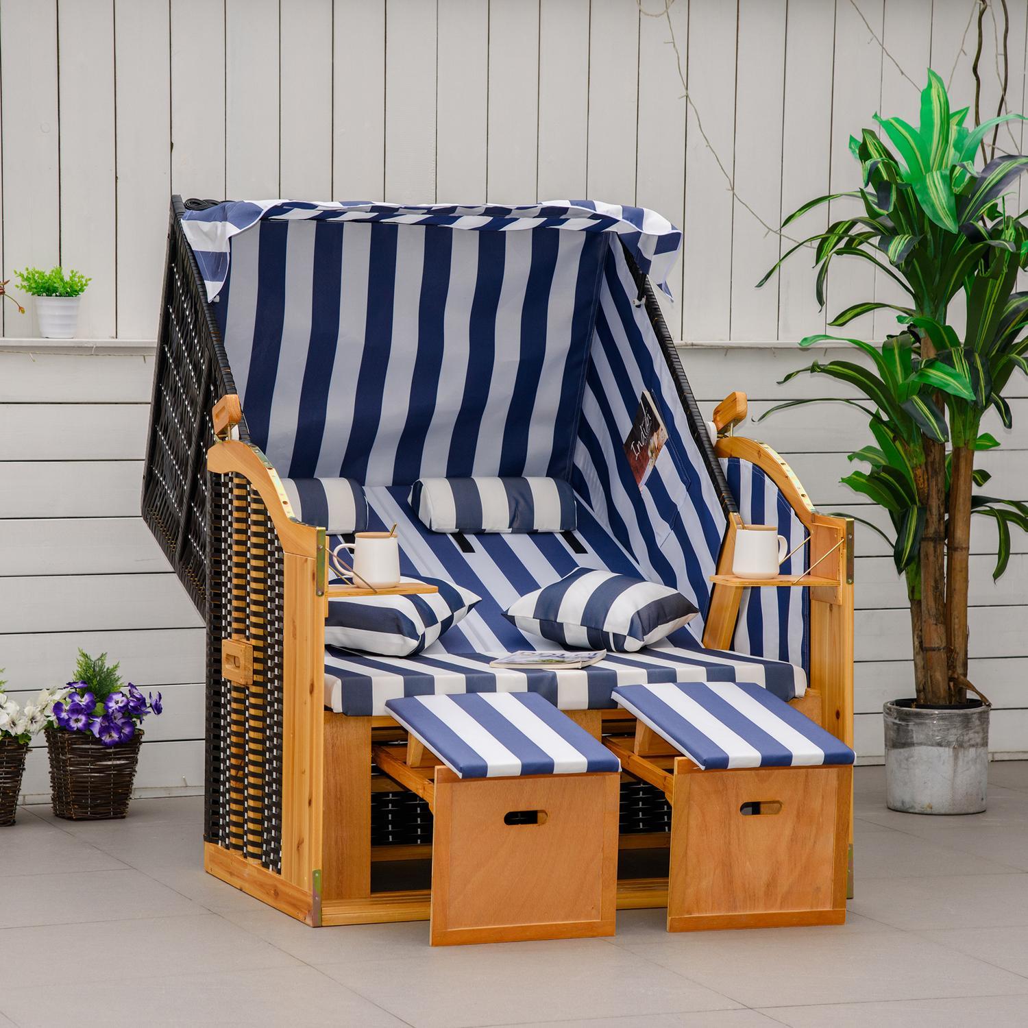 Strandstol Dobbelt solseng med tag Dobbelt solseng med kopholder Chaiselong 5-lags ryglæn Pe-Rattan 118 X 79 X 160 Cm