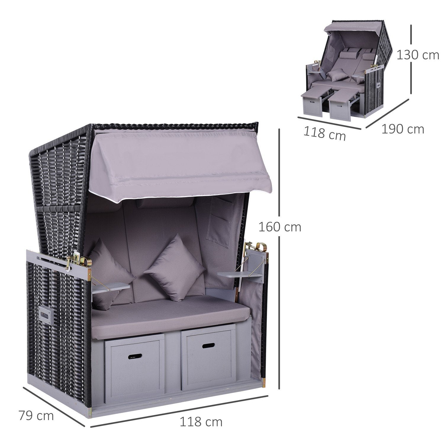 Strandstol Fuld hvilestol Dobbeltdæksstol Med Tag Havedæksstol Kopholder Chaiselong Pe Rattan Grå 118 X 79 X 50 Cm