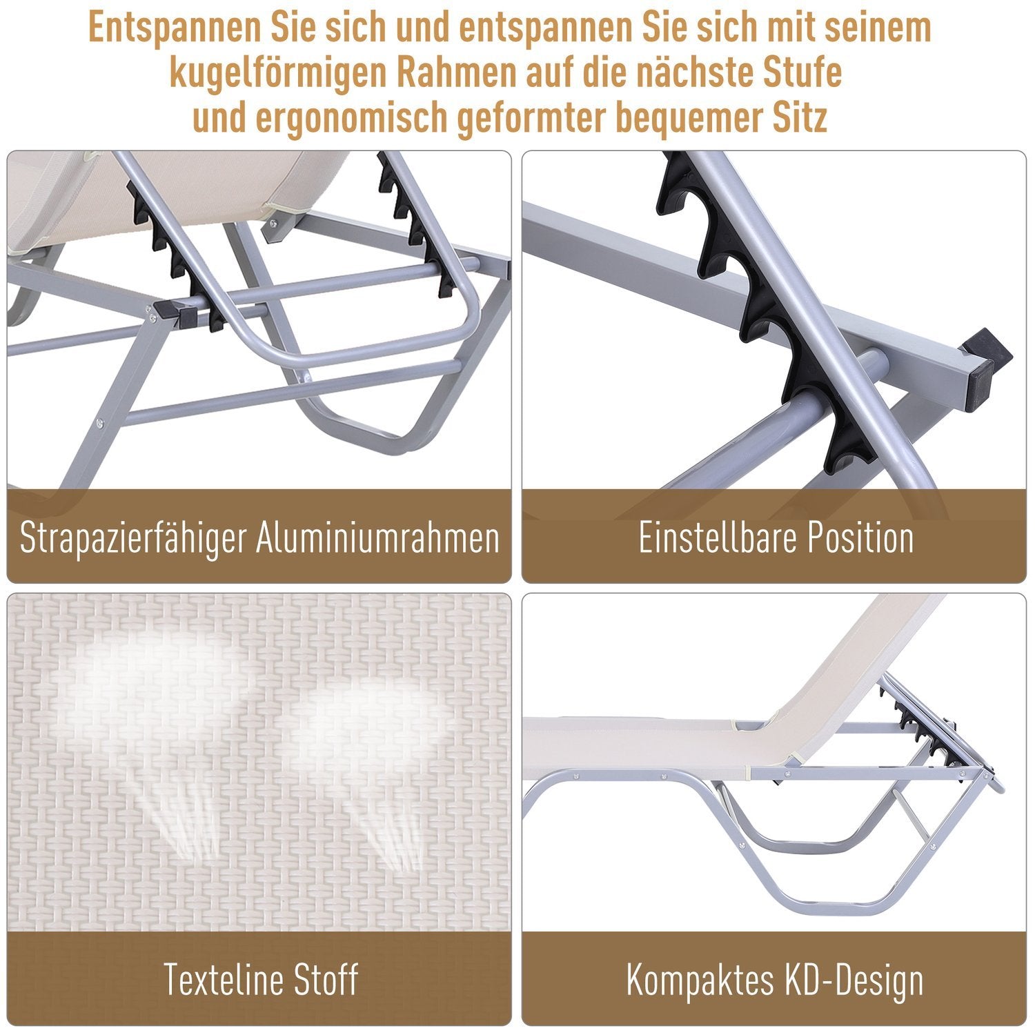 Stranddækstol Liggestol 5-vejs justerbar aluminium Tekstlinje Beige 163X58,5X91Cm