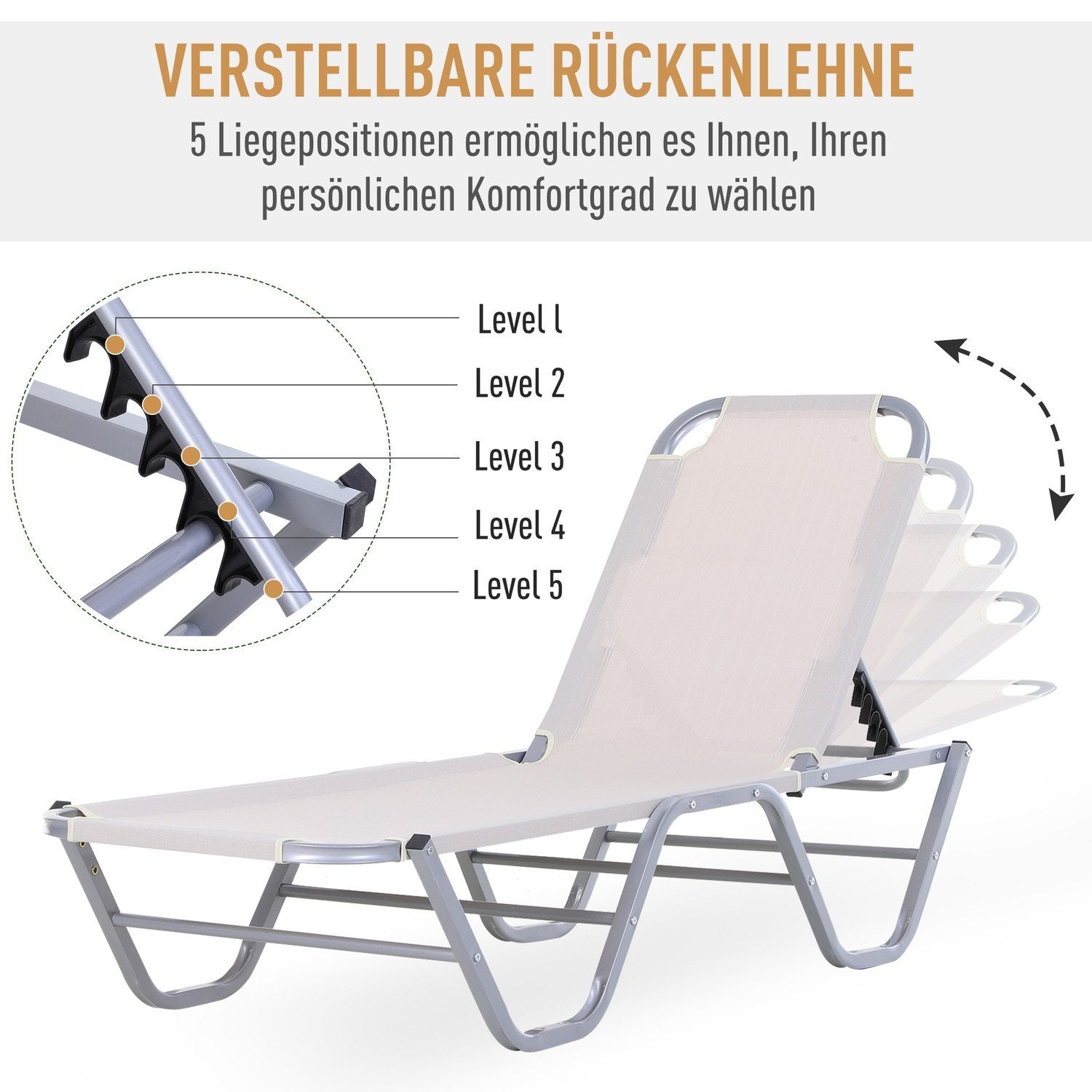 Stranddækstol Liggestol 5-vejs justerbar aluminium Tekstlinje Beige 163X58,5X91Cm