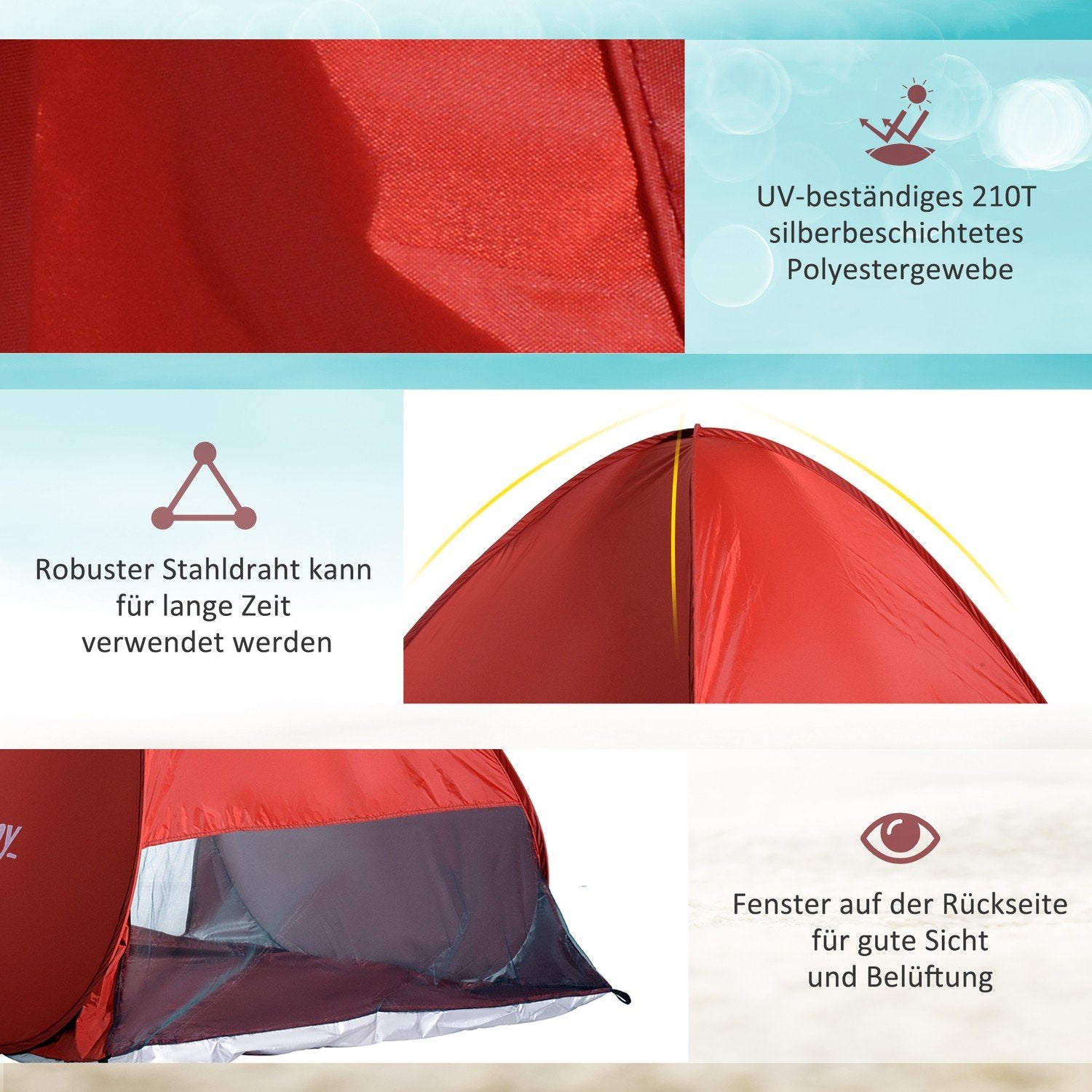 Beach Shelter Snabbmontering Strandtält Pop Up-Tält, Automatiskt, Polyester, Röd, 200X150X119Cm