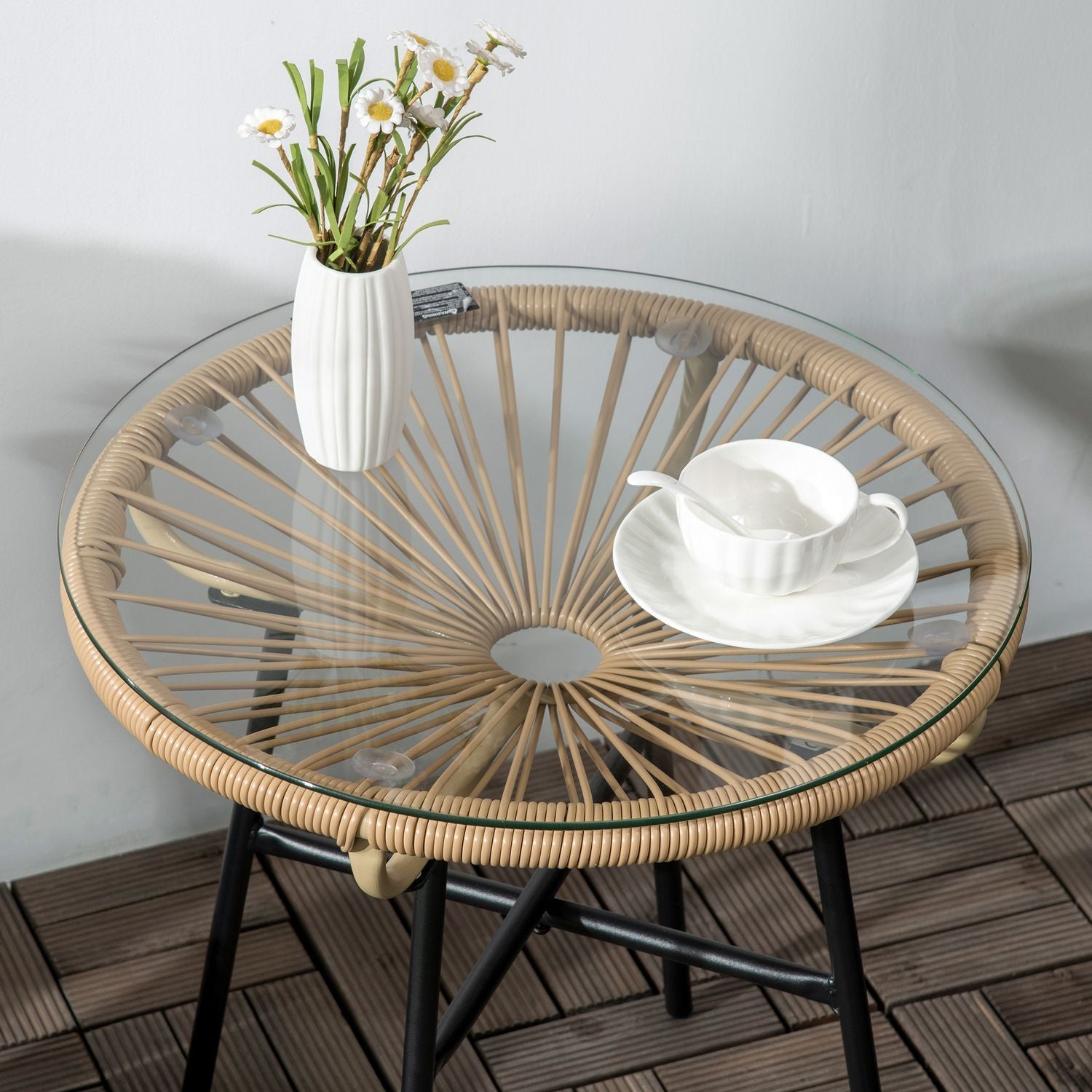 Bistrobord, rundt havebord, rotte sidebord, til terrasse, altan, sort+beige, 50 x 50 x 50 cm