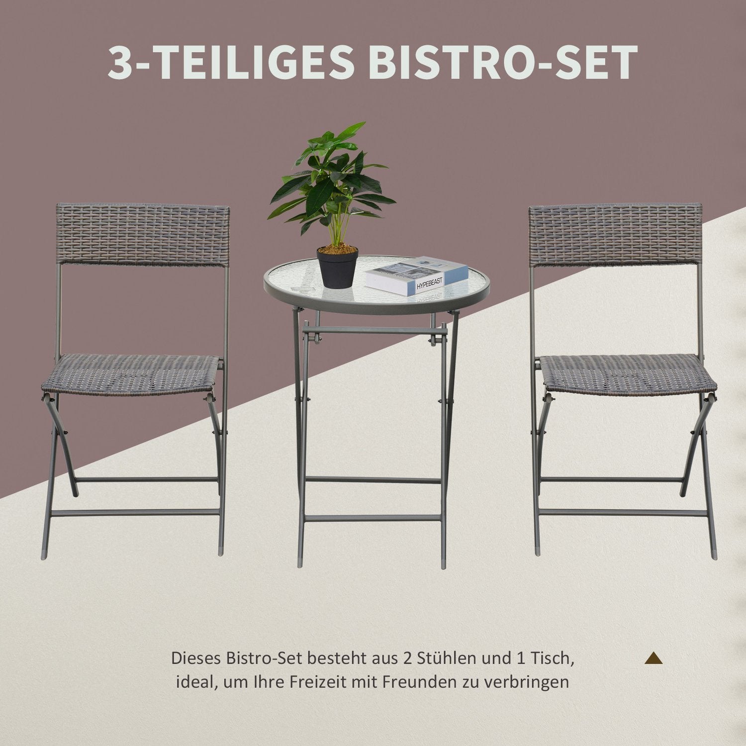 Bistrosæt Balkonsæt Polyrattan 3-delt Foldehave Brun