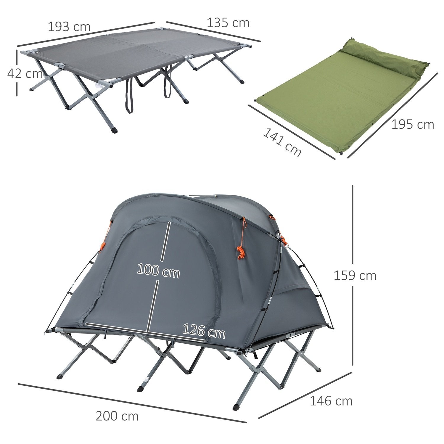 Campingseng Kuppeltelt 2 Personer Luftmadras Grå 200X146X159Cm