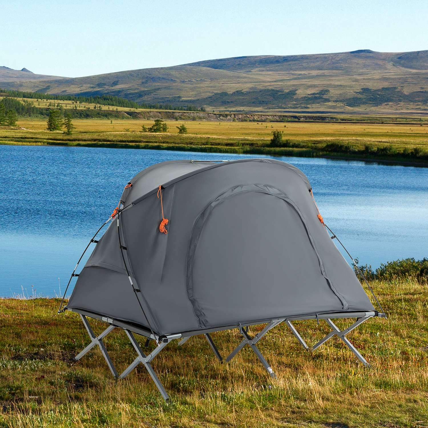 Campingseng Kuppeltelt 2 Personer Luftmadras Grå 200X146X159Cm