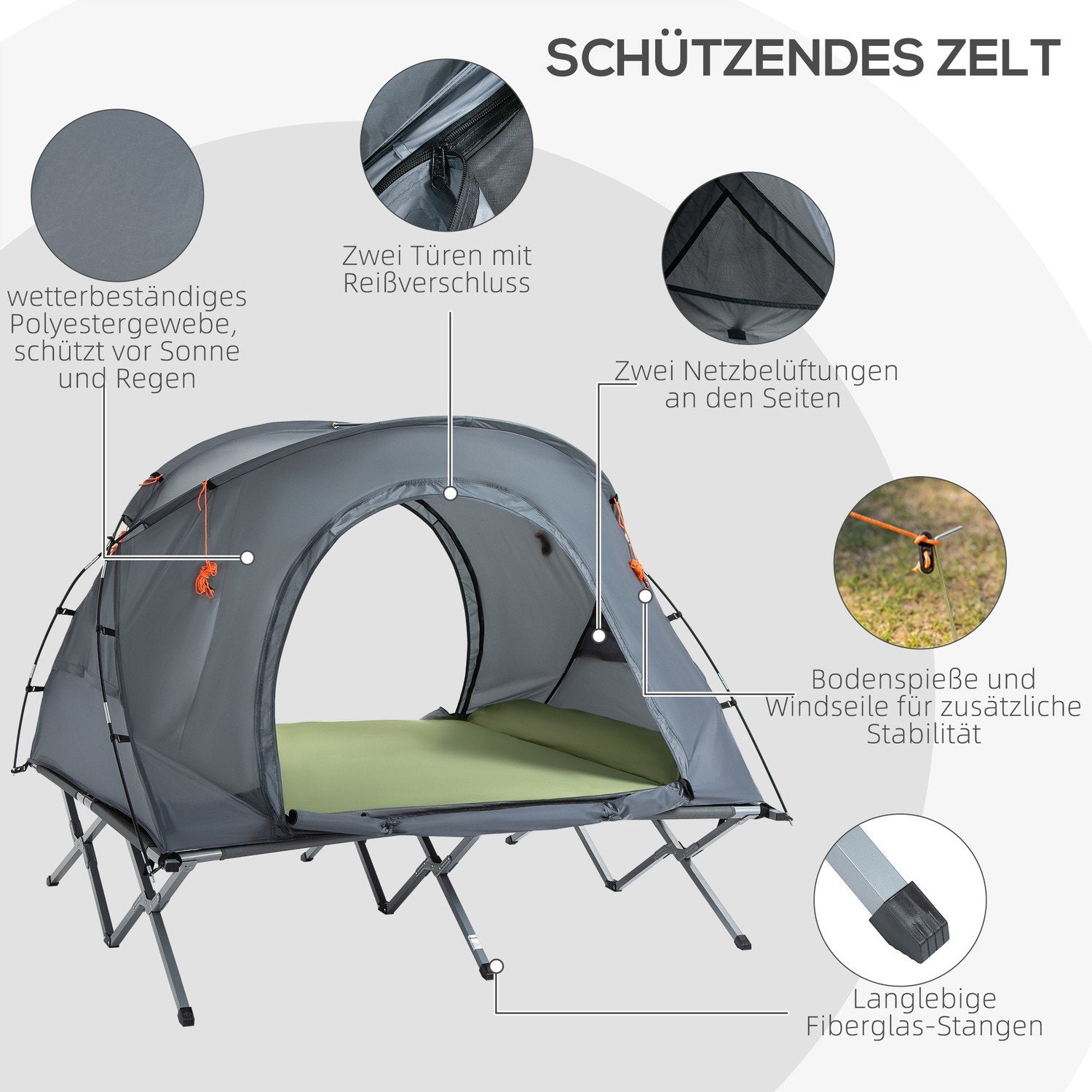 Campingseng Kuppeltelt 2 Personer Luftmadras Grå 200X146X159Cm