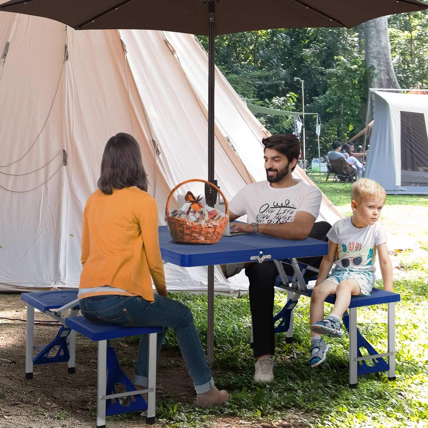 Campingbordsæt i aluminium picnicbord foldbart med 4 sæder, bærbart siddeområde, blåt, 135,5x84,5x66 cm, til udendørs og have