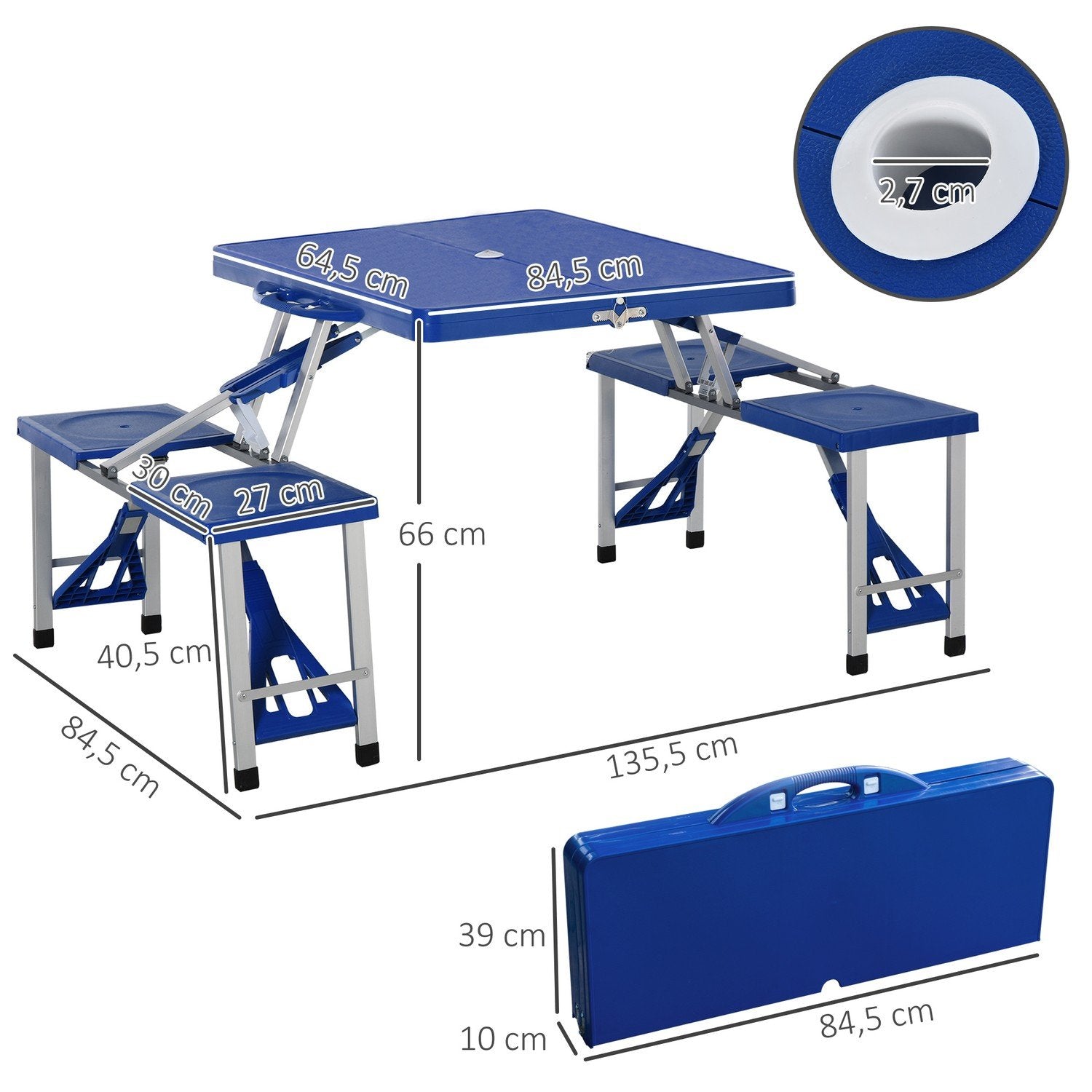 Campingbordsæt i aluminium picnicbord foldbart med 4 sæder, bærbart siddeområde, blåt, 135,5x84,5x66 cm, til udendørs og have