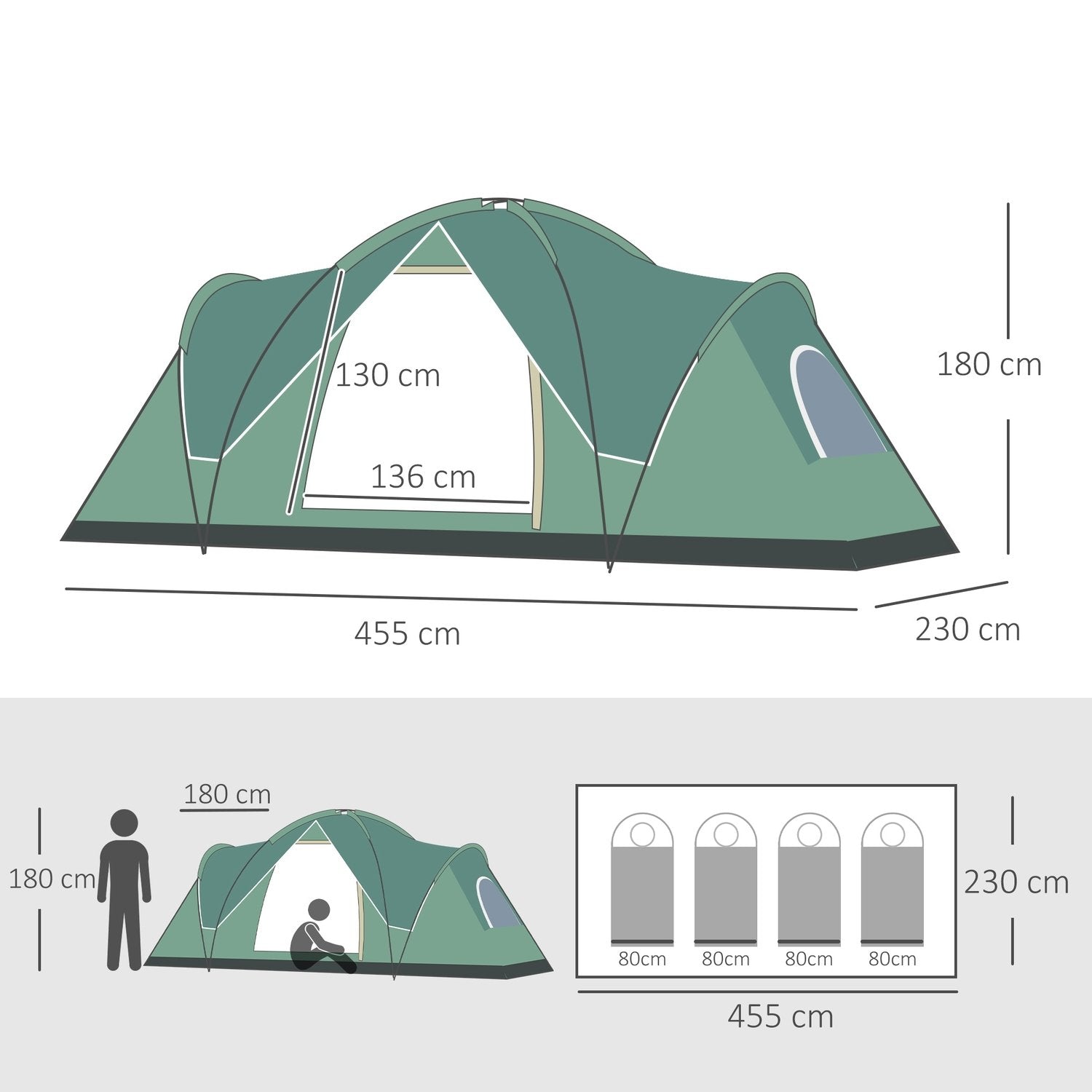 Campingtält För 5-6 Personer Tunneltält Med Pinnar, Kupoltält, Polyester, Armygrön + Svart, 4,55X2,3X1,8M