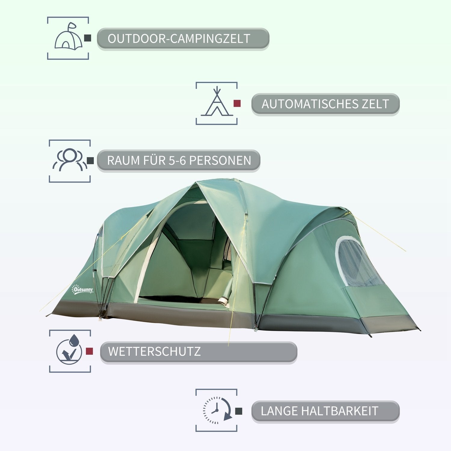 Campingtält För 5-6 Personer Tunneltält Med Pinnar, Kupoltält, Polyester, Armygrön + Svart, 4,55X2,3X1,8M