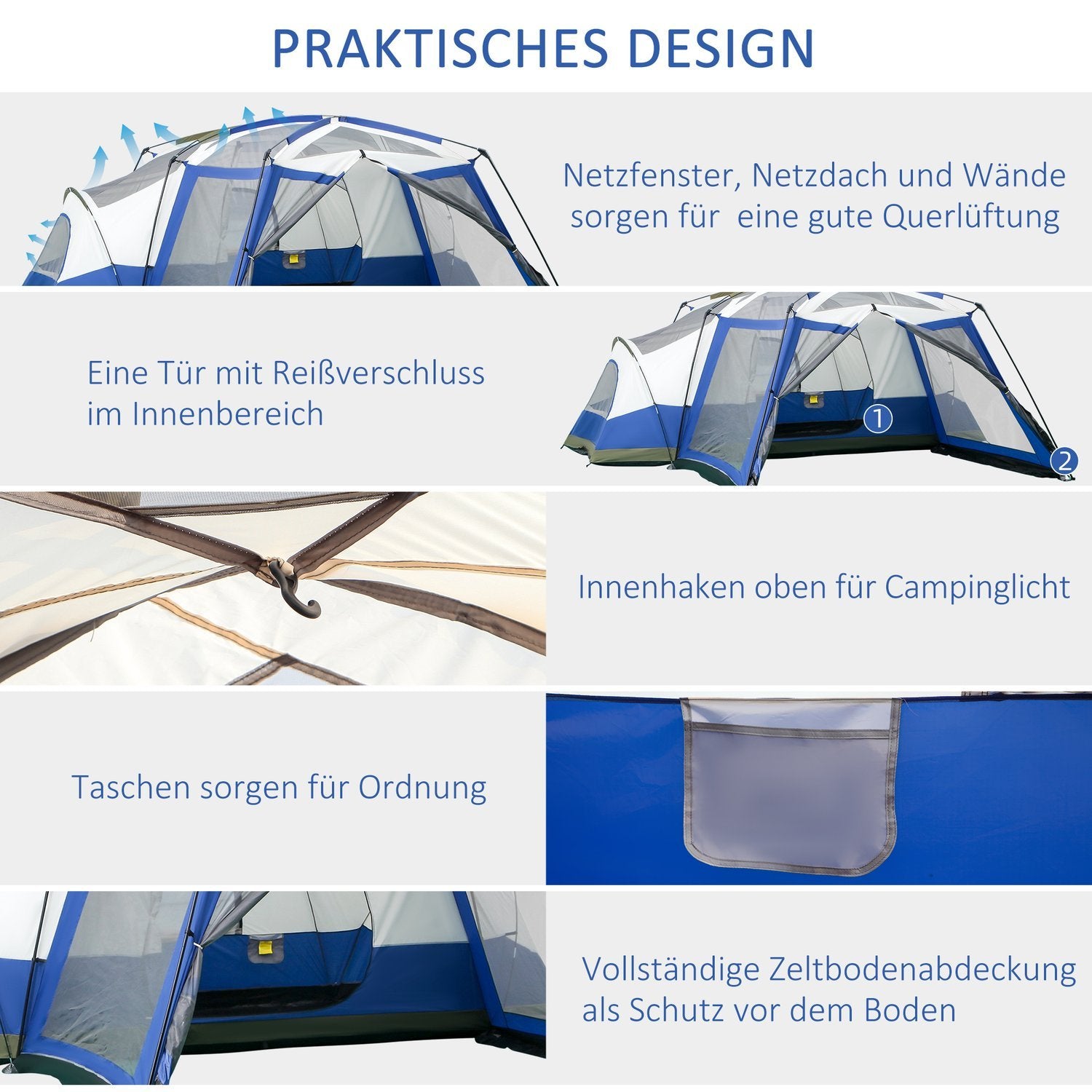 Campingtelt til 6-8 personer Familietelt med vestibule, 2 vinduer, kuppeltelt, Pu3000Mm, Blå, 518X487X237Cm