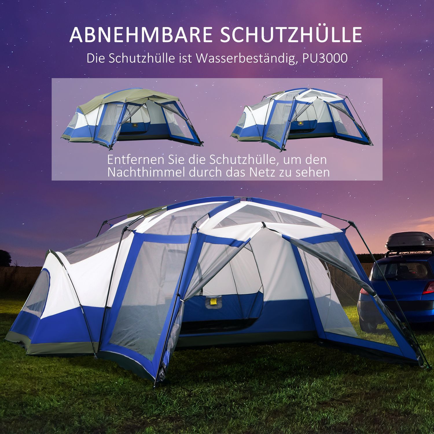 Campingtelt til 6-8 personer Familietelt med vestibule, 2 vinduer, kuppeltelt, Pu3000Mm, Blå, 518X487X237Cm