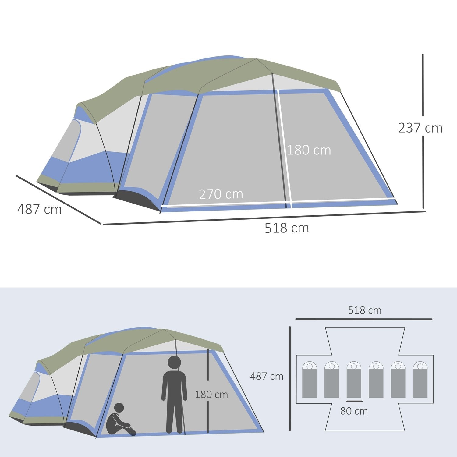 Campingtelt til 6-8 personer Familietelt med vestibule, 2 vinduer, kuppeltelt, Pu3000Mm, Blå, 518X487X237Cm