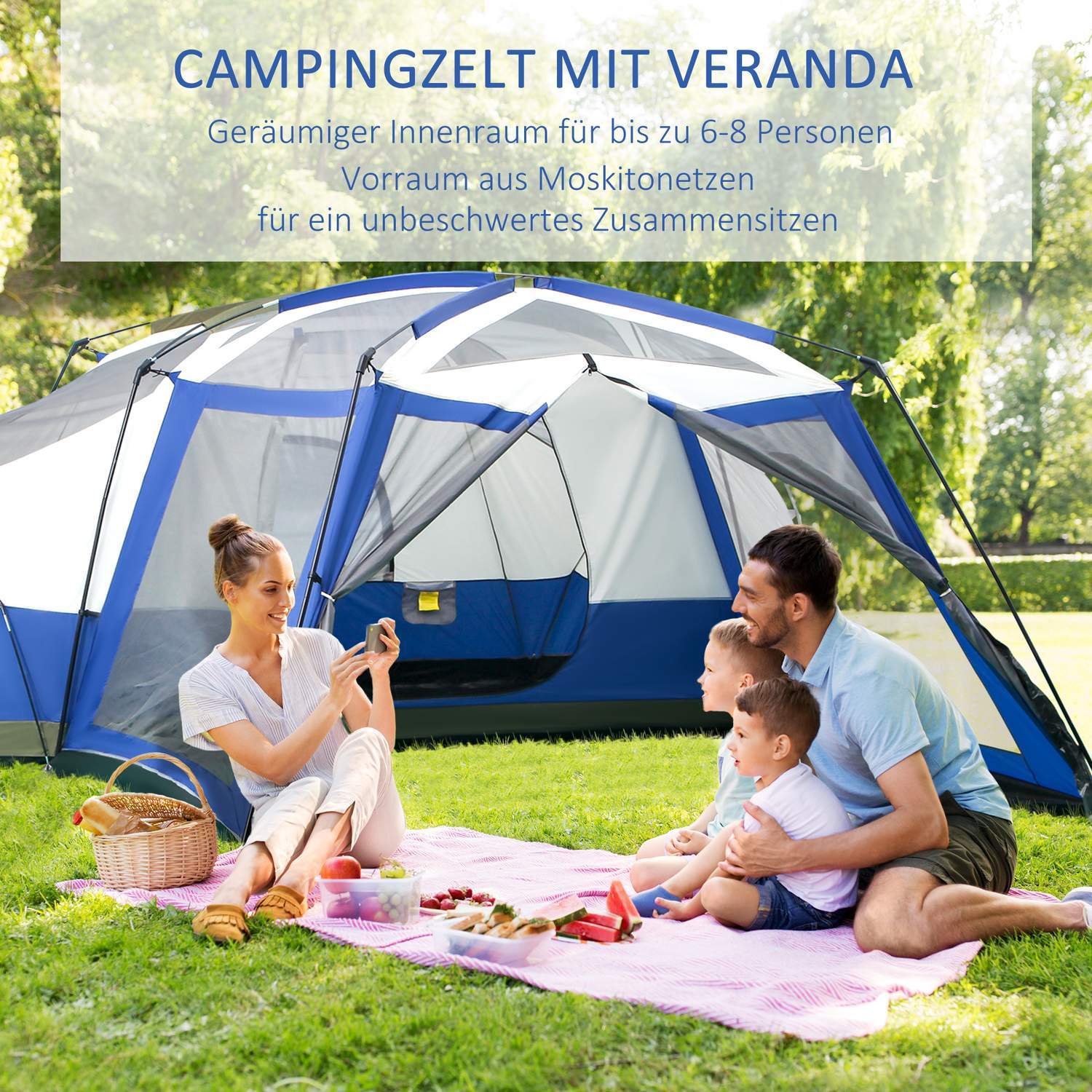 Campingtelt til 6-8 personer Familietelt med vestibule, 2 vinduer, kuppeltelt, Pu3000Mm, Blå, 518X487X237Cm