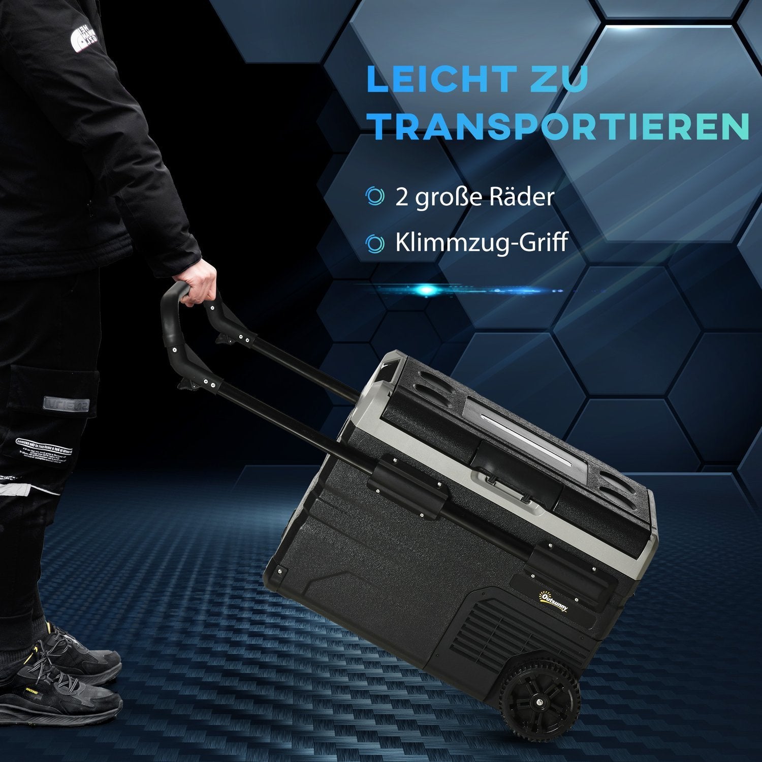 Bilkøleboks 40L Med LED Belysning, Kompressor Bilkøler, Transporthjul, 12/24V DC Og 110-240V Ac, Grå+Sort