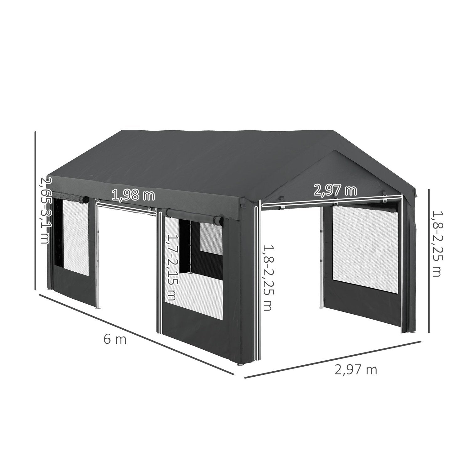 Carport, Ca. 6 X 3M Festtelt, Højdejusterbar Autogarage, Carport Med 4 Mesh Vinduer, 4 Døre, Til Biler, Lastbiler, Stål, Mørkegrå.