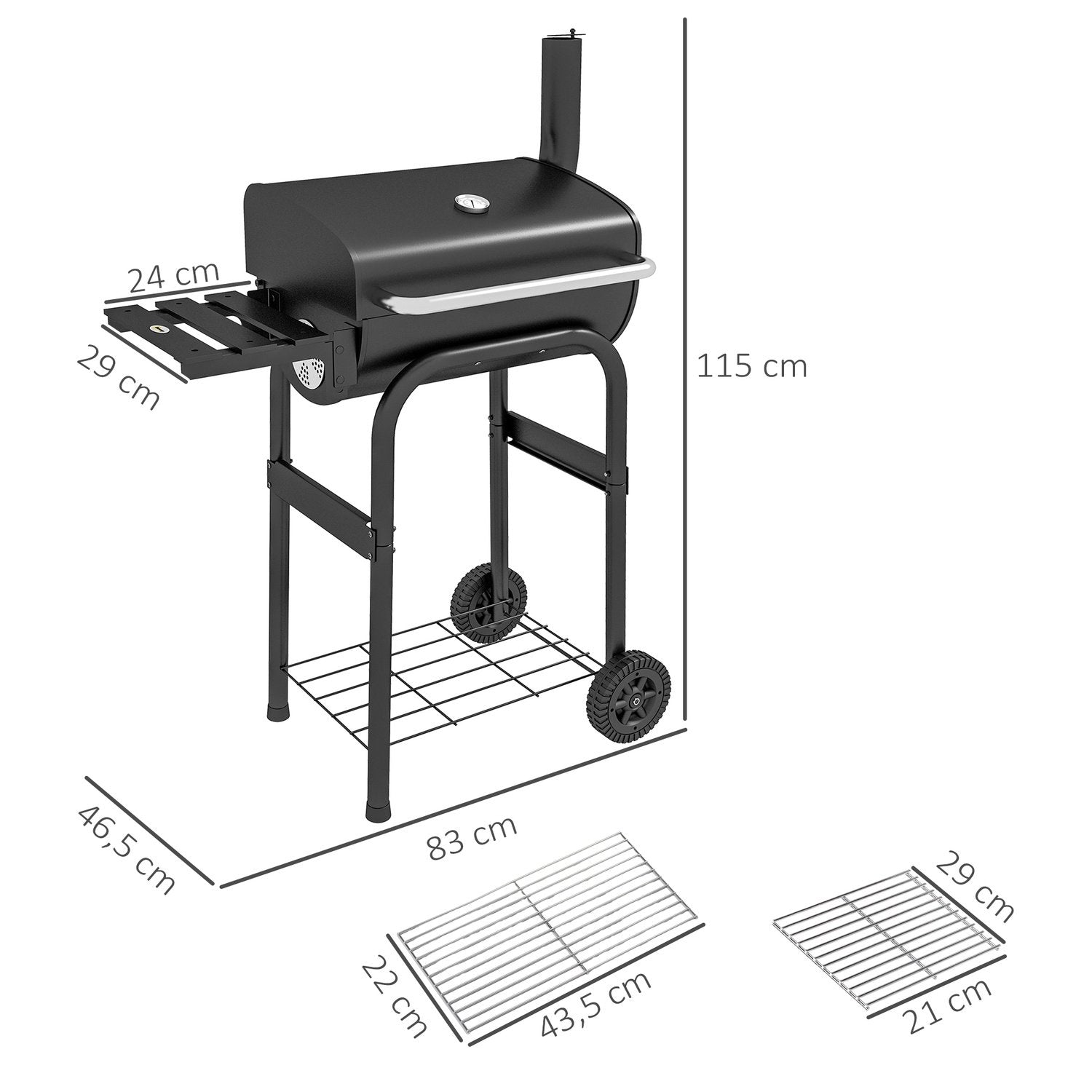 Kulgrillvogn med låg, hylder, hjul, termometer, skorsten, rustfrit stål, sort