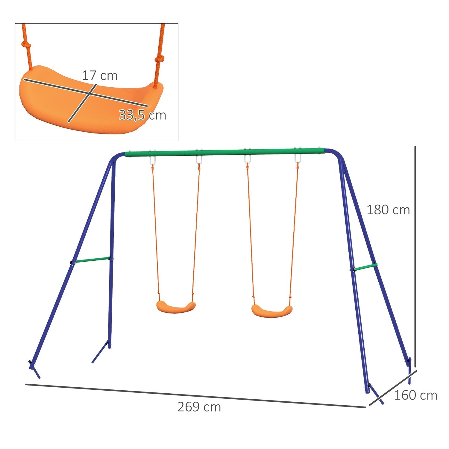 Børnegynge, Gynge med 2 gynger, Gynge, Havegynge til to børn 3-8 år, Stål, 2,69 X 1,6 X 1,8 M