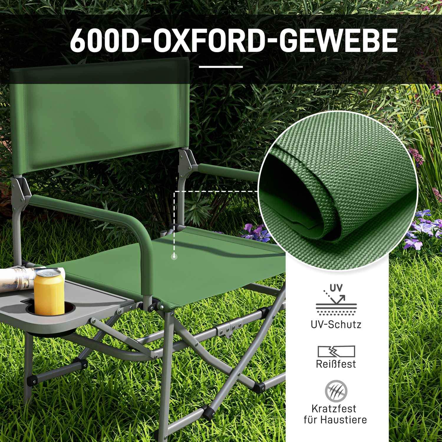 Director'S Chair Sammenklappelig Campingstol Med Sidebord Kopholder Foldestol Med Håndtag Til Camping Strand Oxford Green