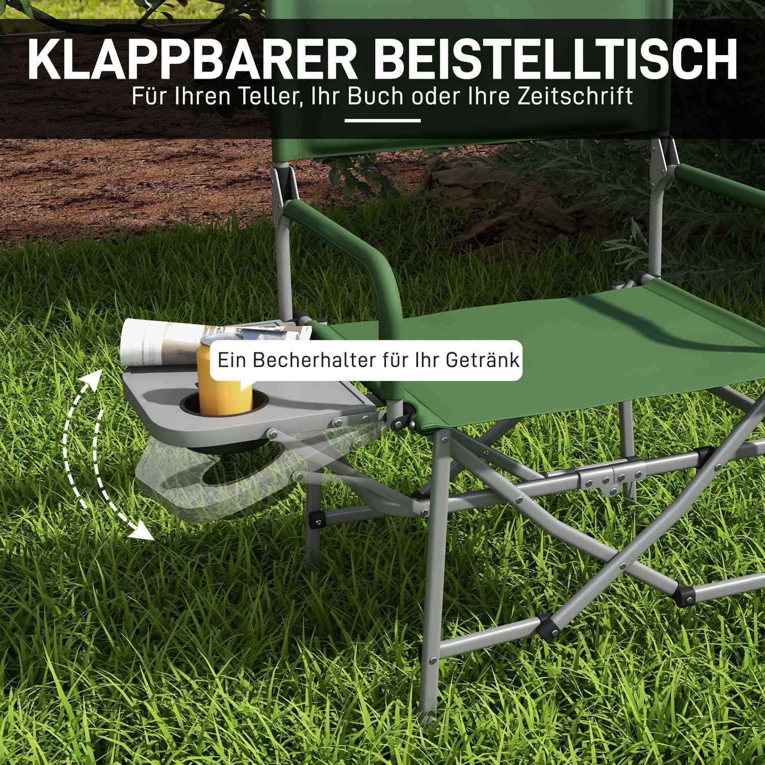 Director'S Chair Sammenklappelig Campingstol Med Sidebord Kopholder Foldestol Med Håndtag Til Camping Strand Oxford Green