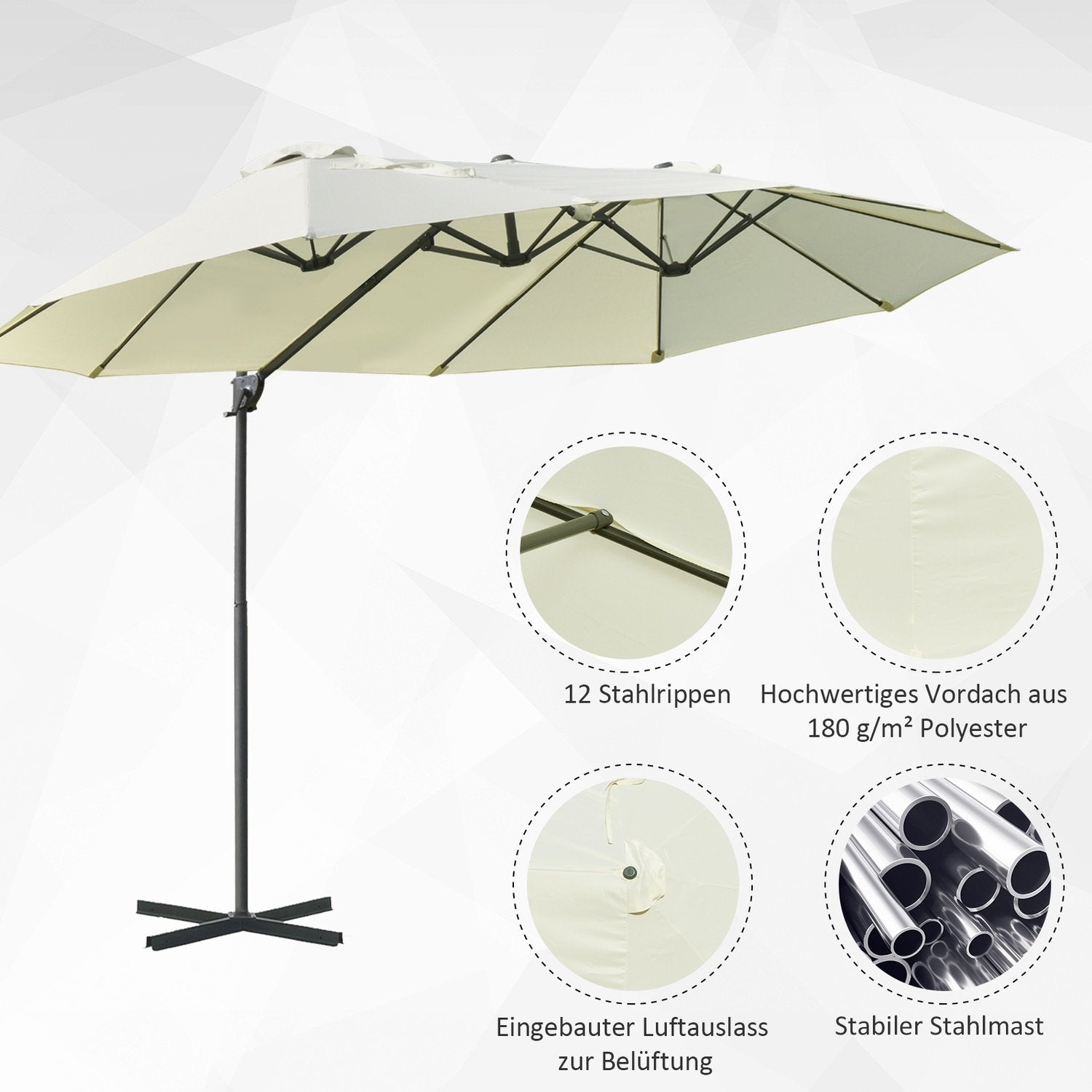 Dobbelt Parasol Cantilever Paraply Dobbelt Paraply Med Håndsving Justerbar Haveparaply Solafskærmning Metal Creme Hvid 440 X 270 X 250 Cm