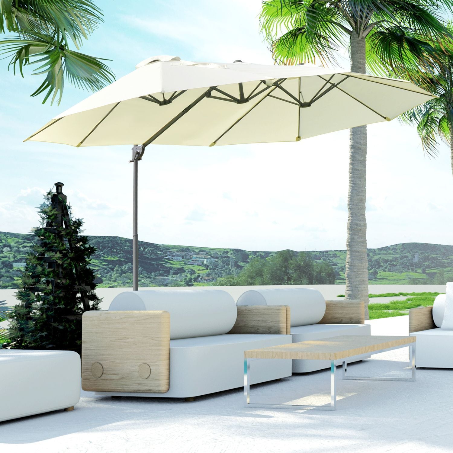 Dobbelt Parasol Cantilever Paraply Dobbelt Paraply Med Håndsving Justerbar Haveparaply Solafskærmning Metal Creme Hvid 440 X 270 X 250 Cm