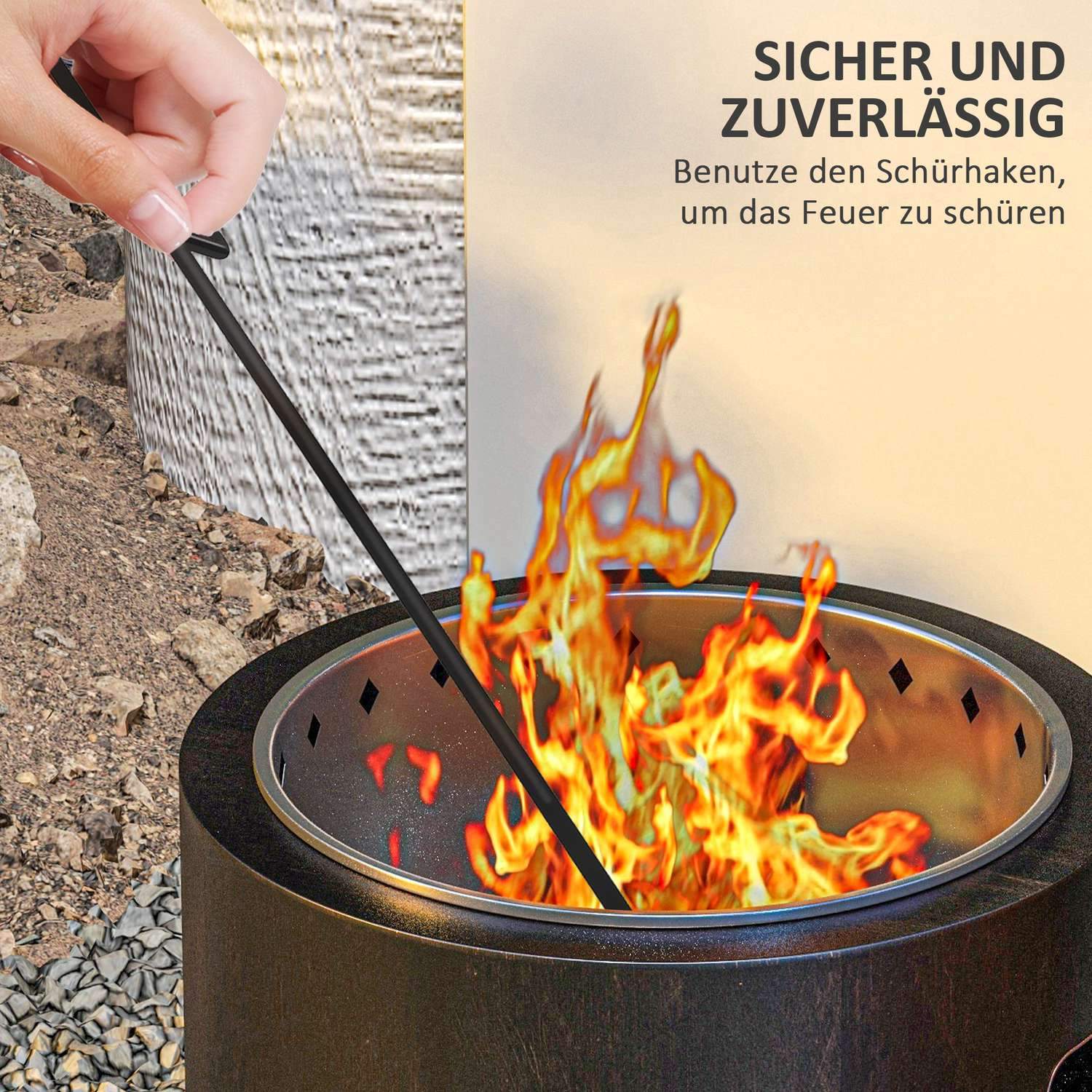 Fire Bowl ikke-ryger bord pejs Ø45 Cm med håndtag &amp; poker, ideel til have og camping, metal, sort