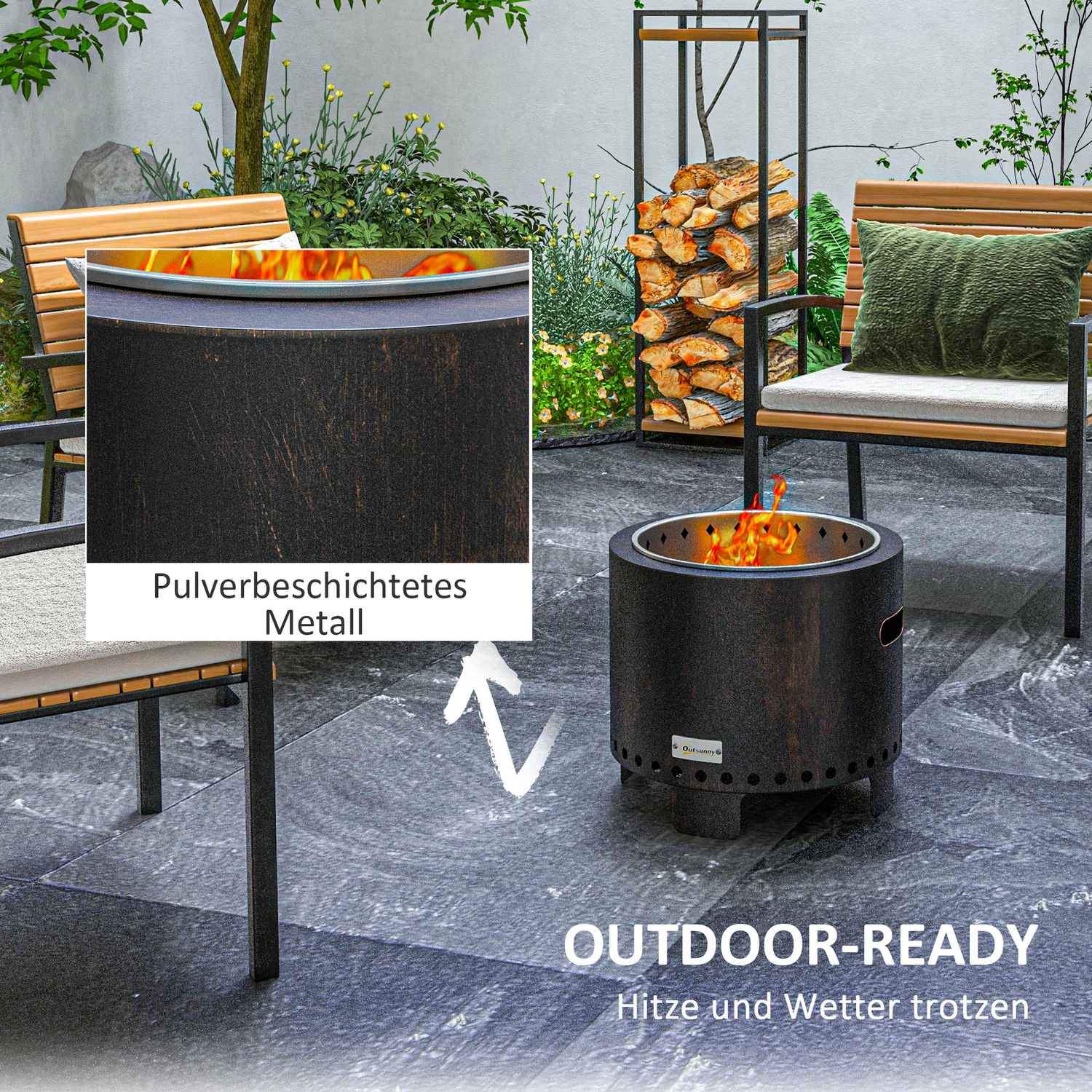 Fire Bowl ikke-ryger bord pejs Ø45 Cm med håndtag &amp; poker, ideel til have og camping, metal, sort