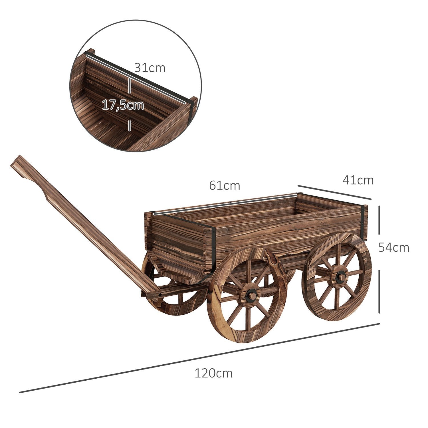 Blomsterkasse i trævognsdesign, plantevogn med håndtag, holder op til 30 kg, til have og gårdhave, karboniseret